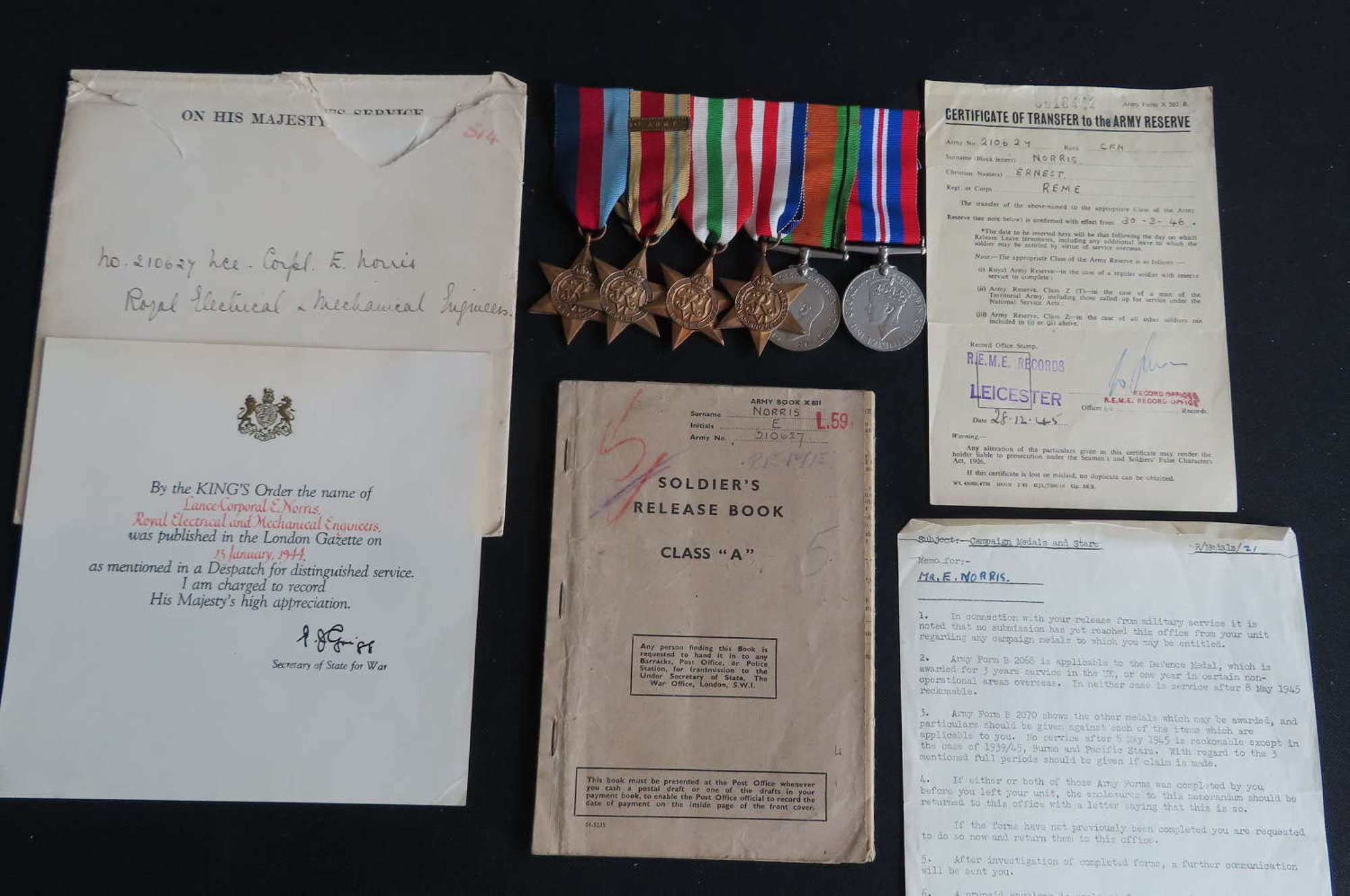 WW2 MID Certificate, Medals & Paperwork to L/Cpl E Norris R.E.M.E.