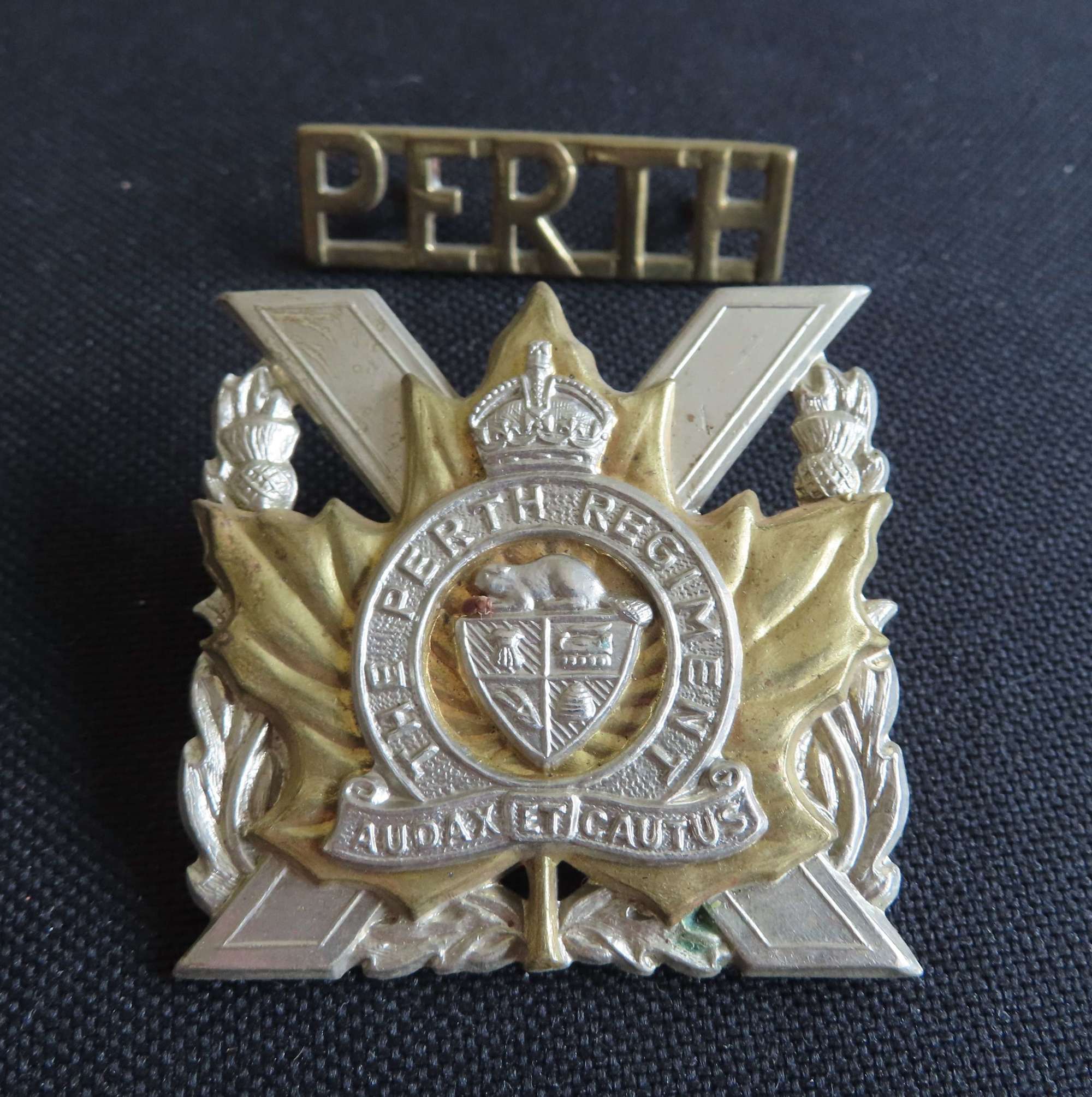 The Perth Regiment Cap Badge and Brass Shoulder Title