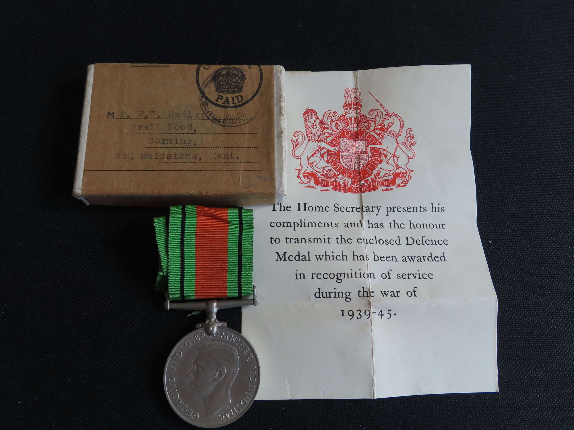 WW2 BOXED GENUINE DEFENCE MEDAL TO F W HADLER FROM BARMING, MAIDSTONE