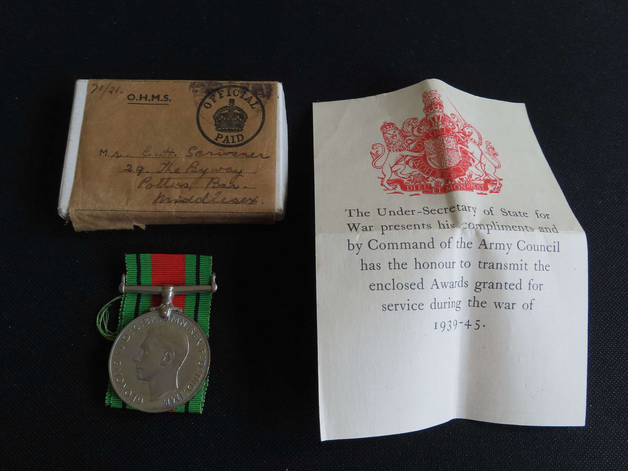 WW2 Boxed Genuine Defence Medal to C H Scrivener from Potters Bar