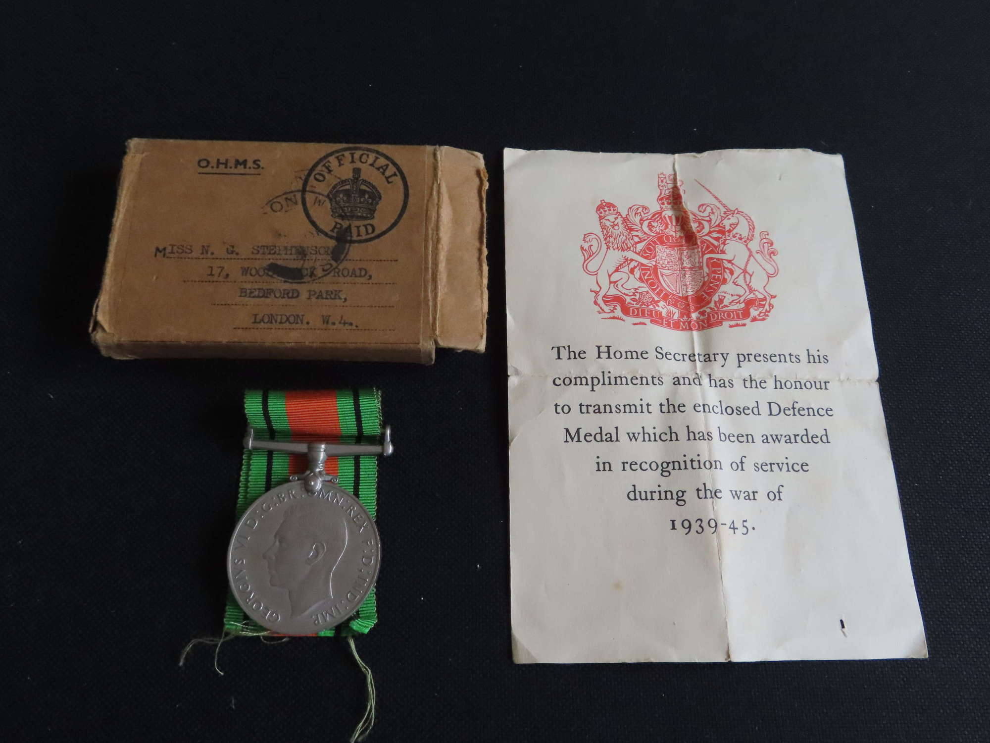 WW2 Boxed Genuine Defence Medal to Miss N G Stephenson from London