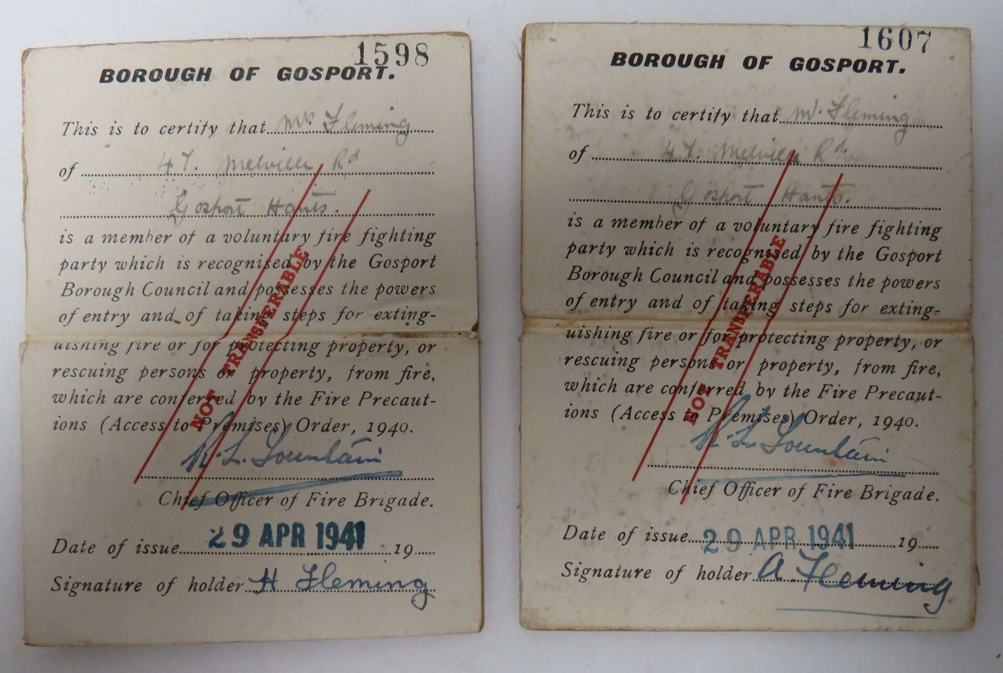 1941 Gosport Fire Precautions Husband & Wife I.D Cards