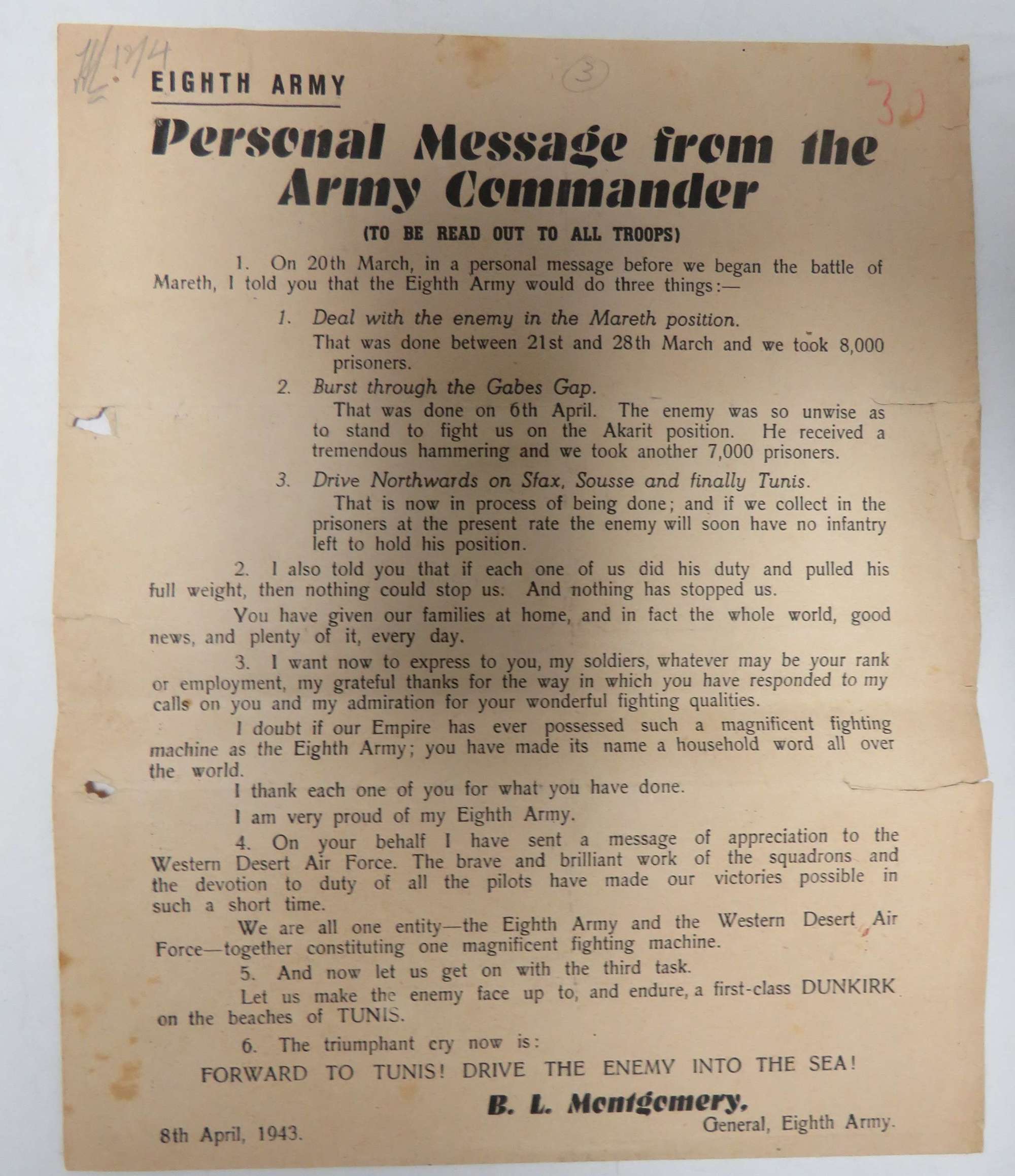 April 1943 Montgomery 8th Army Message