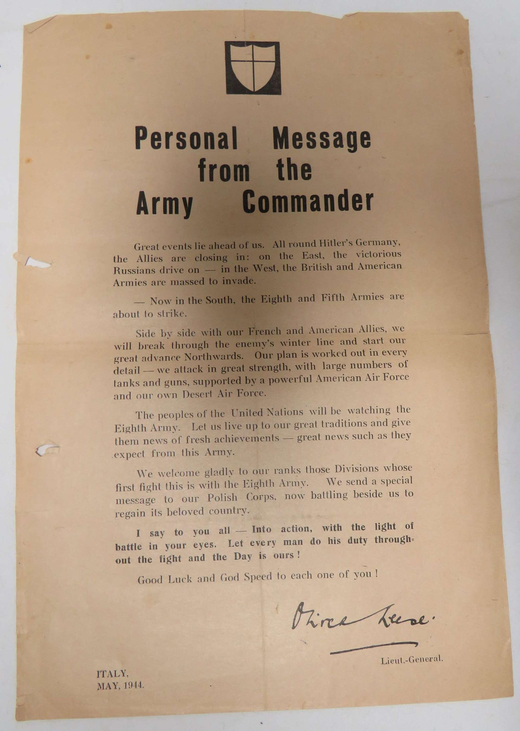 May 1944 Italy 8th Army Message