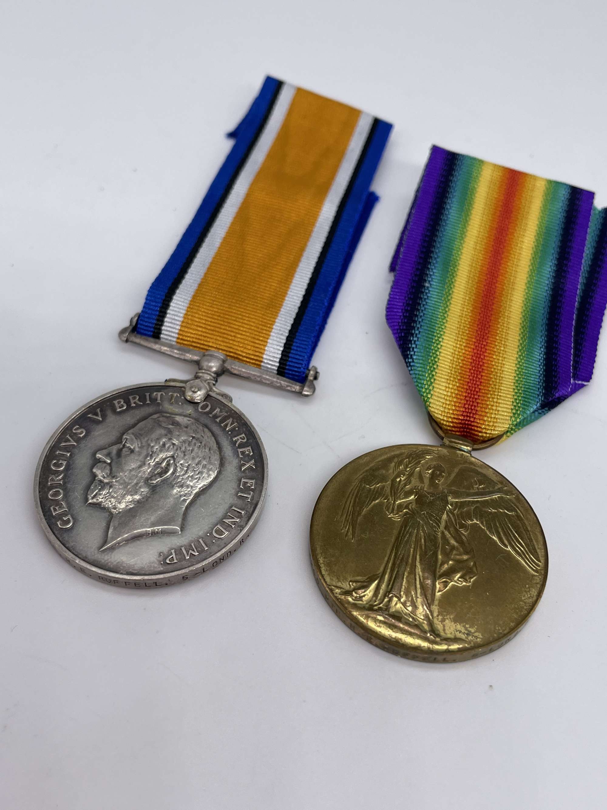 Original World War One Medal Pair, Pte Ruffell, 5/London, Commissioned Officer, Ox and Buc