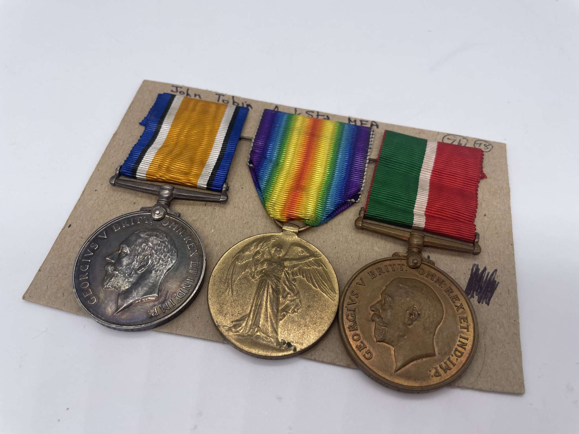 Original World War One Medal Grouping, Incl Mercantile Marine, Tobin, Mercantile Fleet Aux
