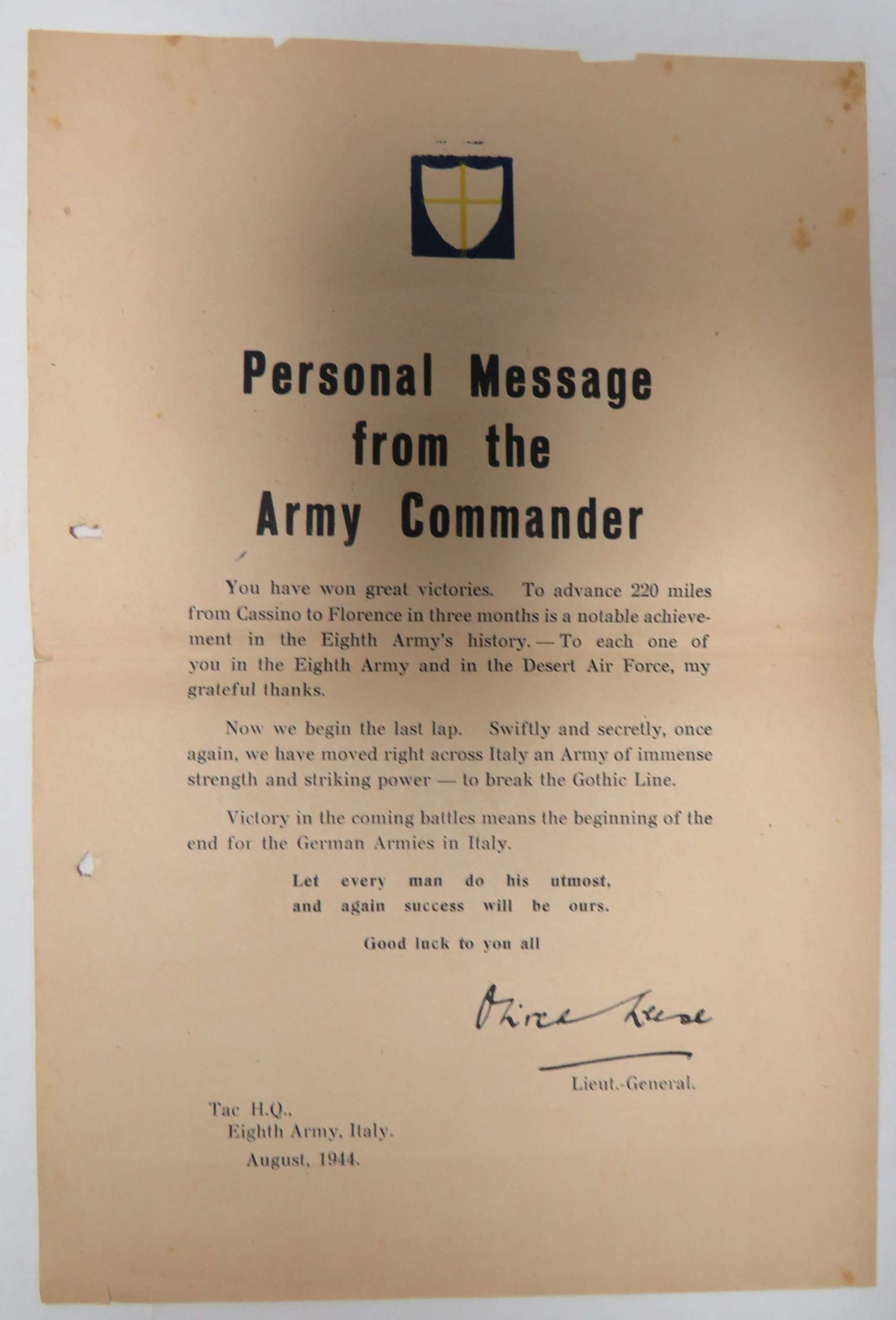 August 1944 Italy 8th Army Message