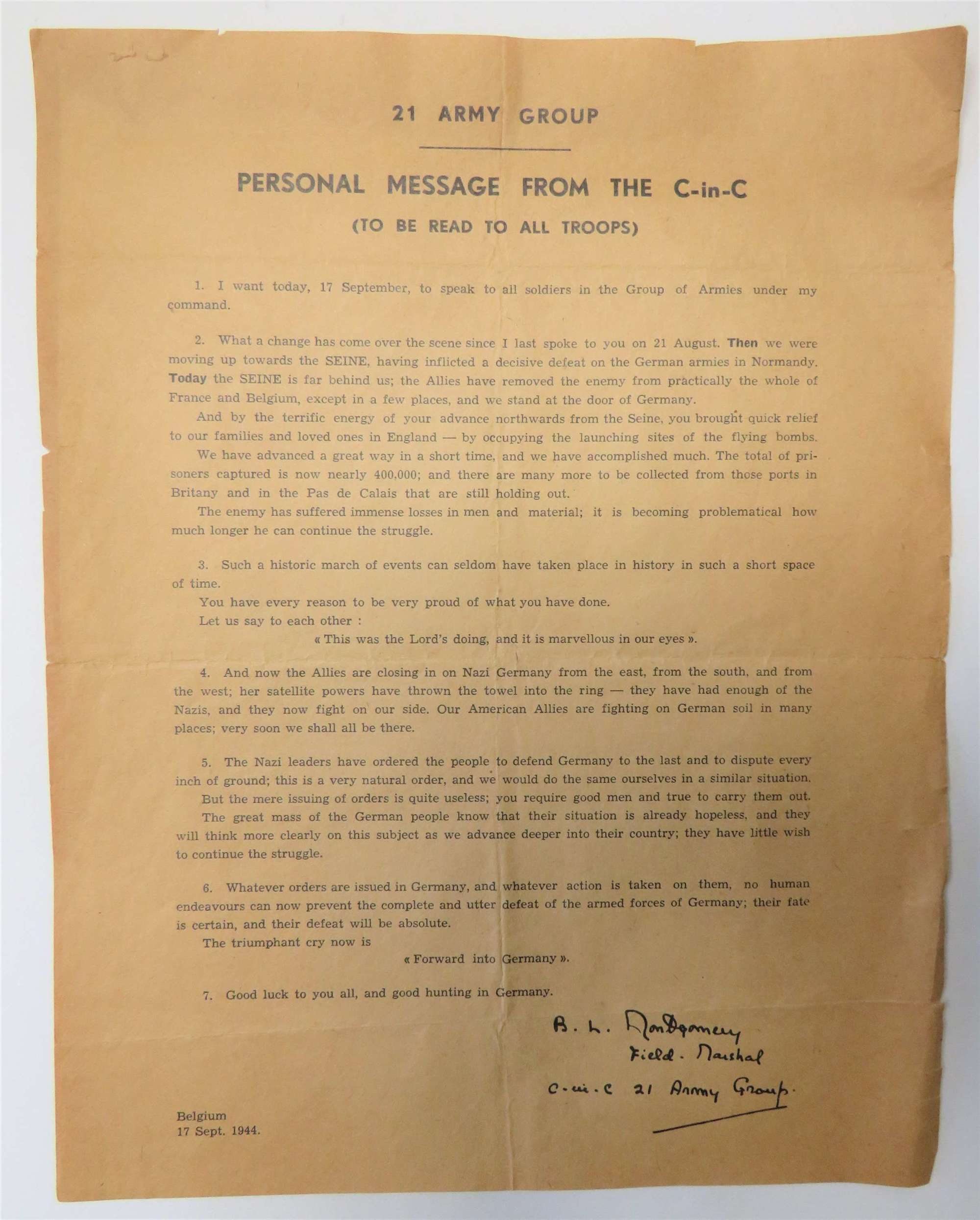 21st Army Group September 1944 Breakout Letter for all Troops