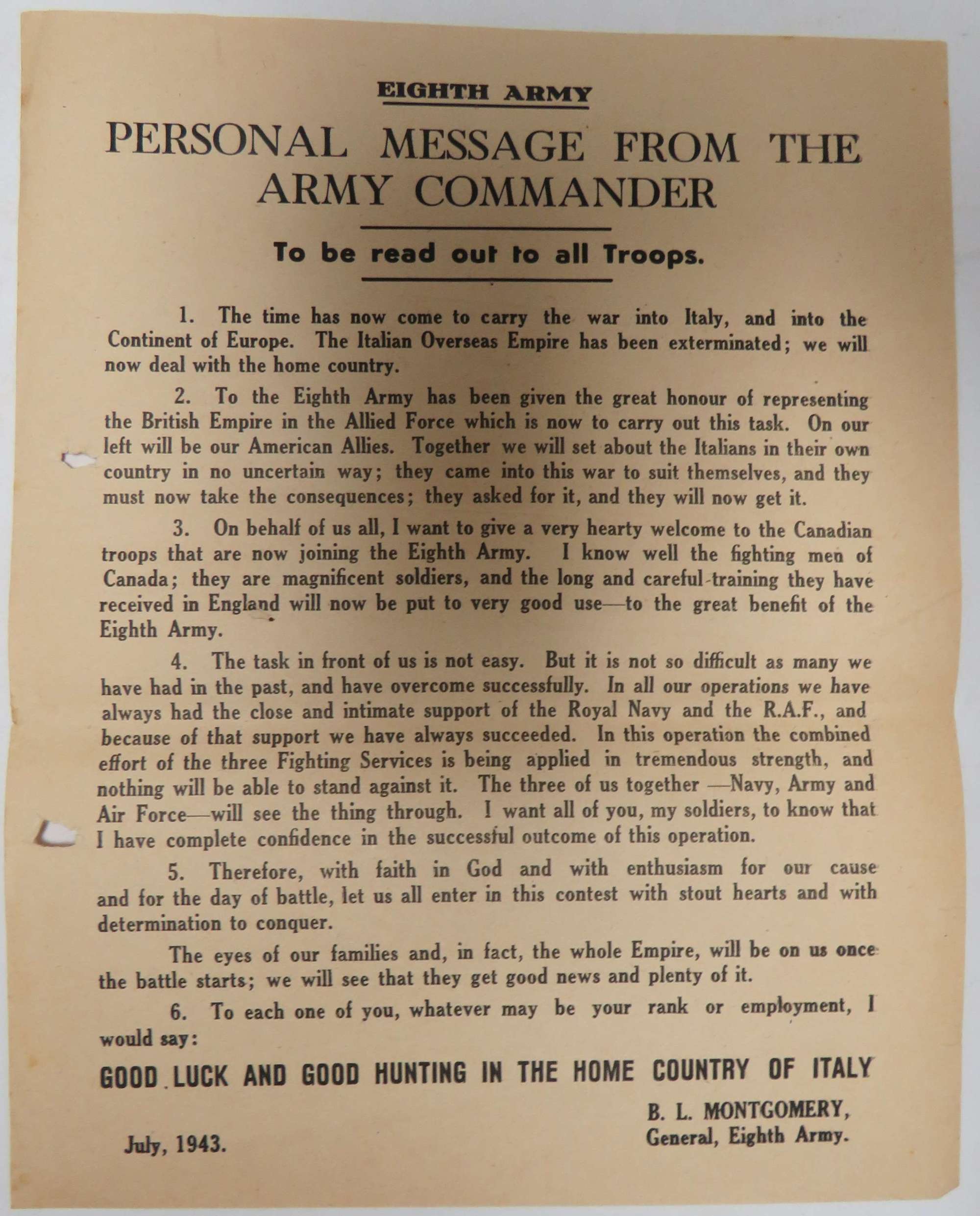 July 1943 Montgomery 8th Army Message