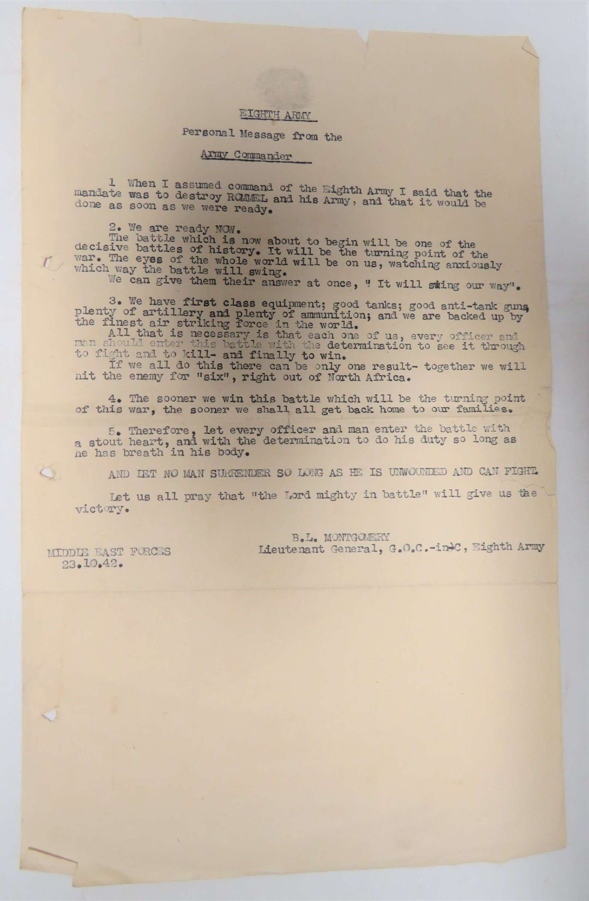 October 1942 Hand Typed Montgomery 8th Army Message