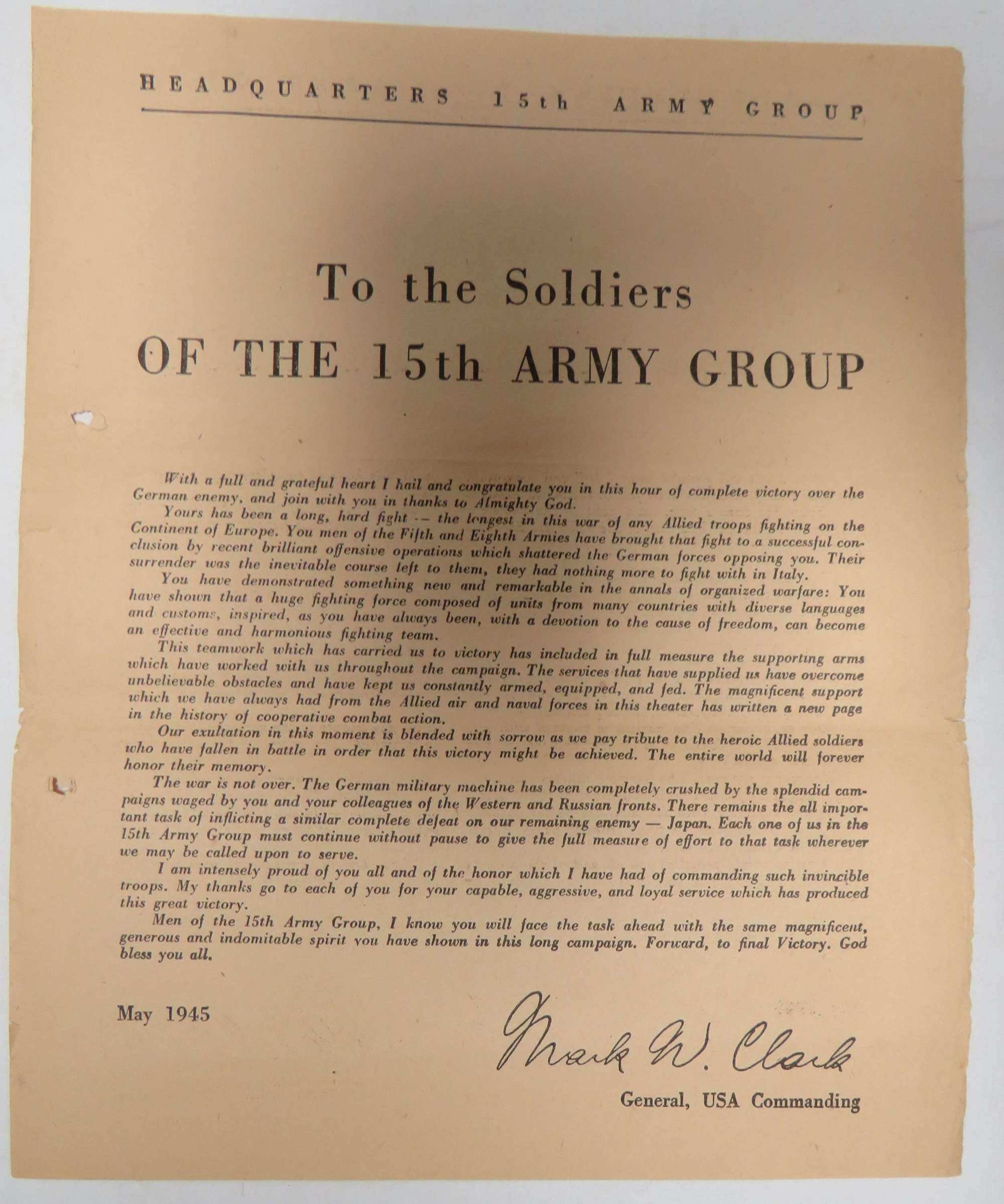 15th U.S Army May 1945 Personal Message to all His Troops