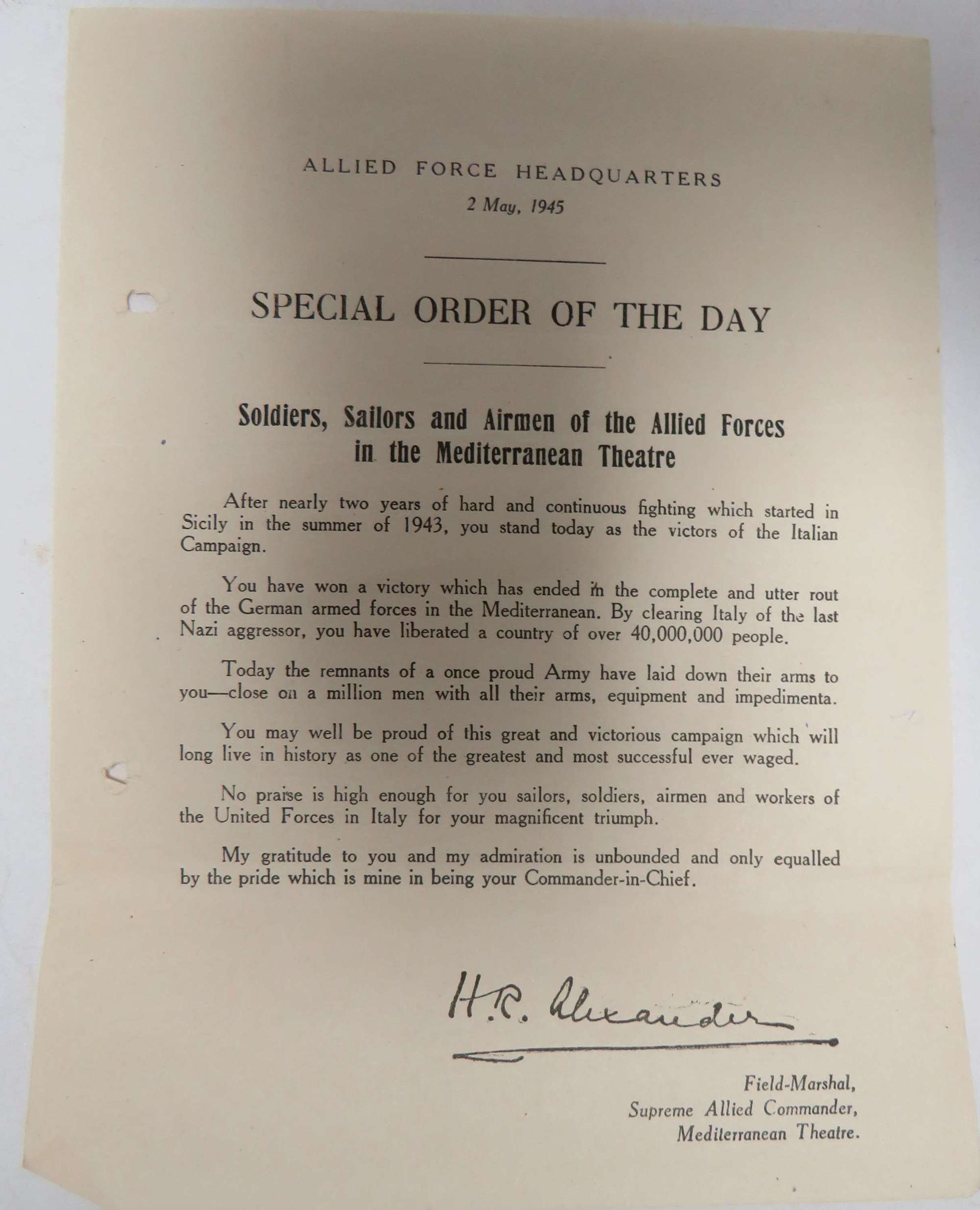 May 1945 Allied Forces H.Q Message from Alexander