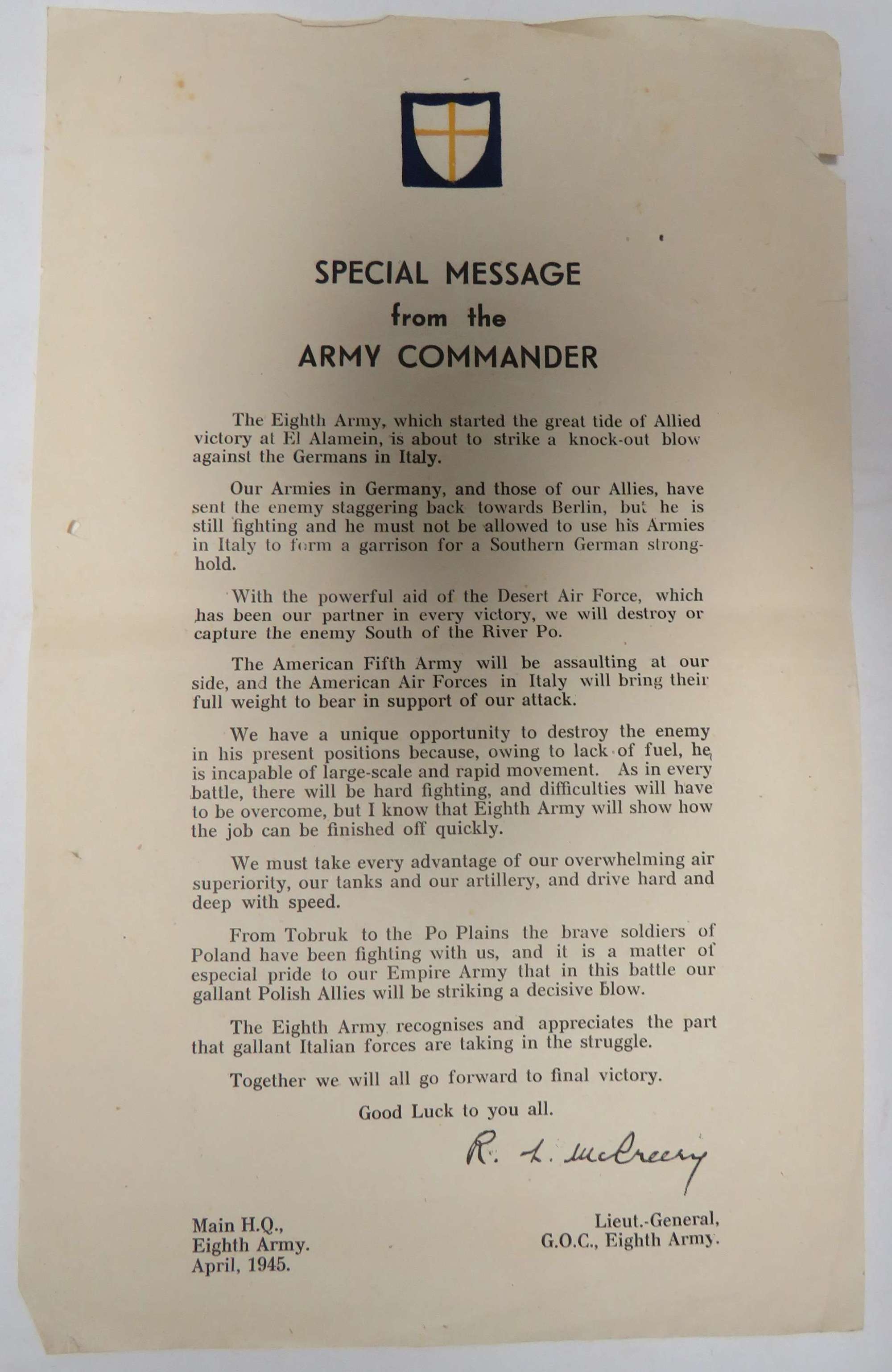 April 1945 Italy 8th Army Message