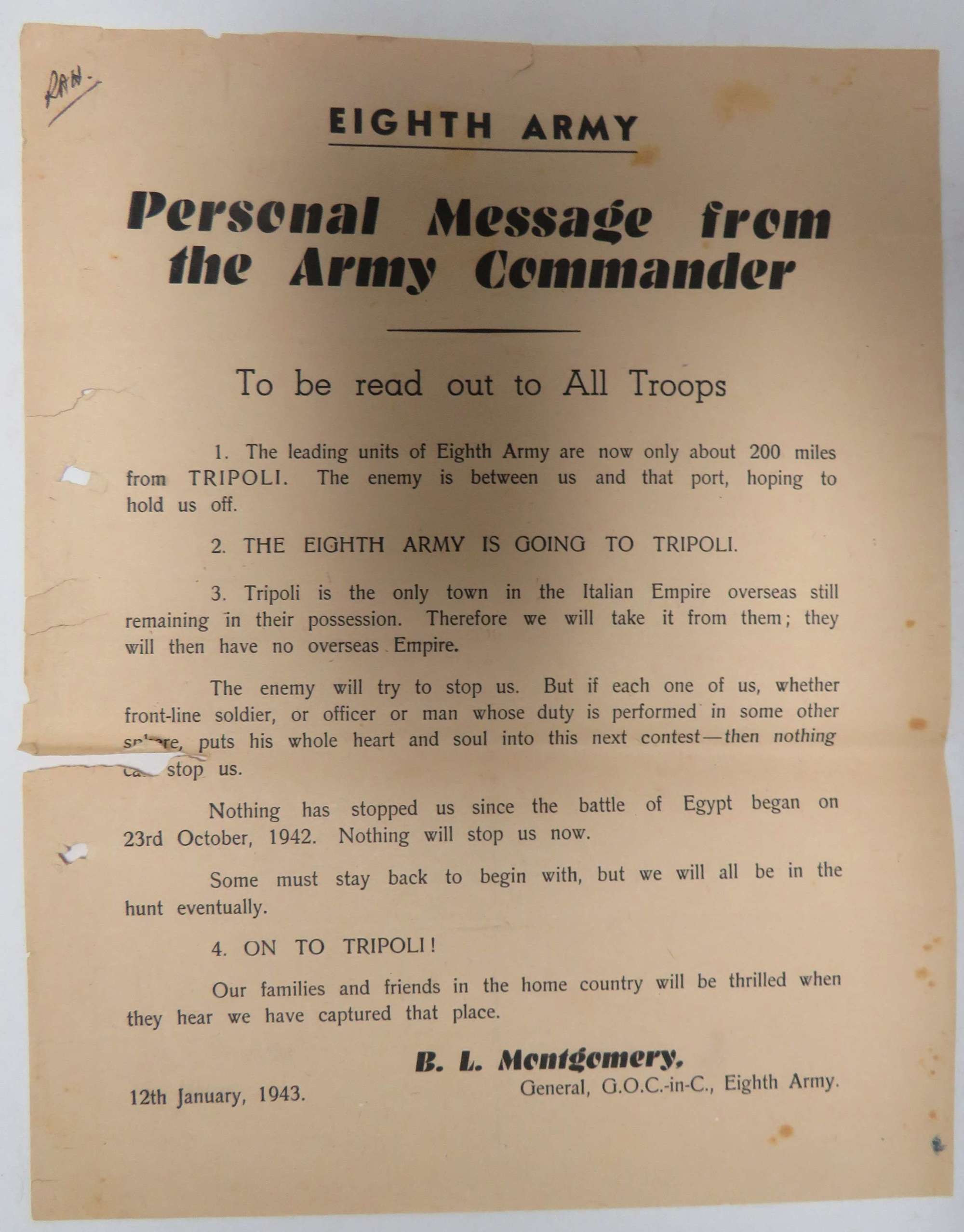January 1943 Montgomery 8th Army Message