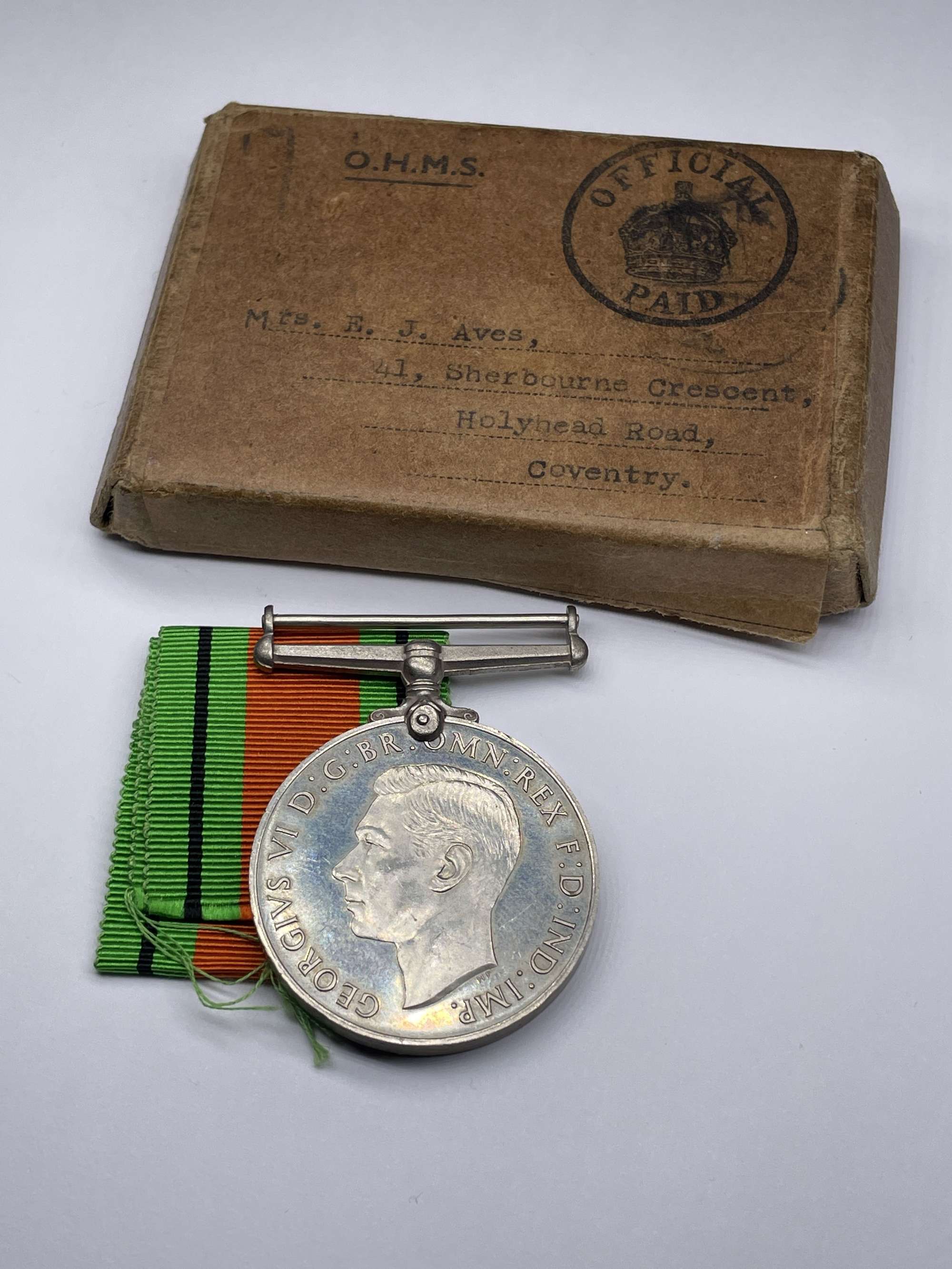 Original World War Two Defence Medal, Boxed, Mrs Aves of Coventry, ARP Warden