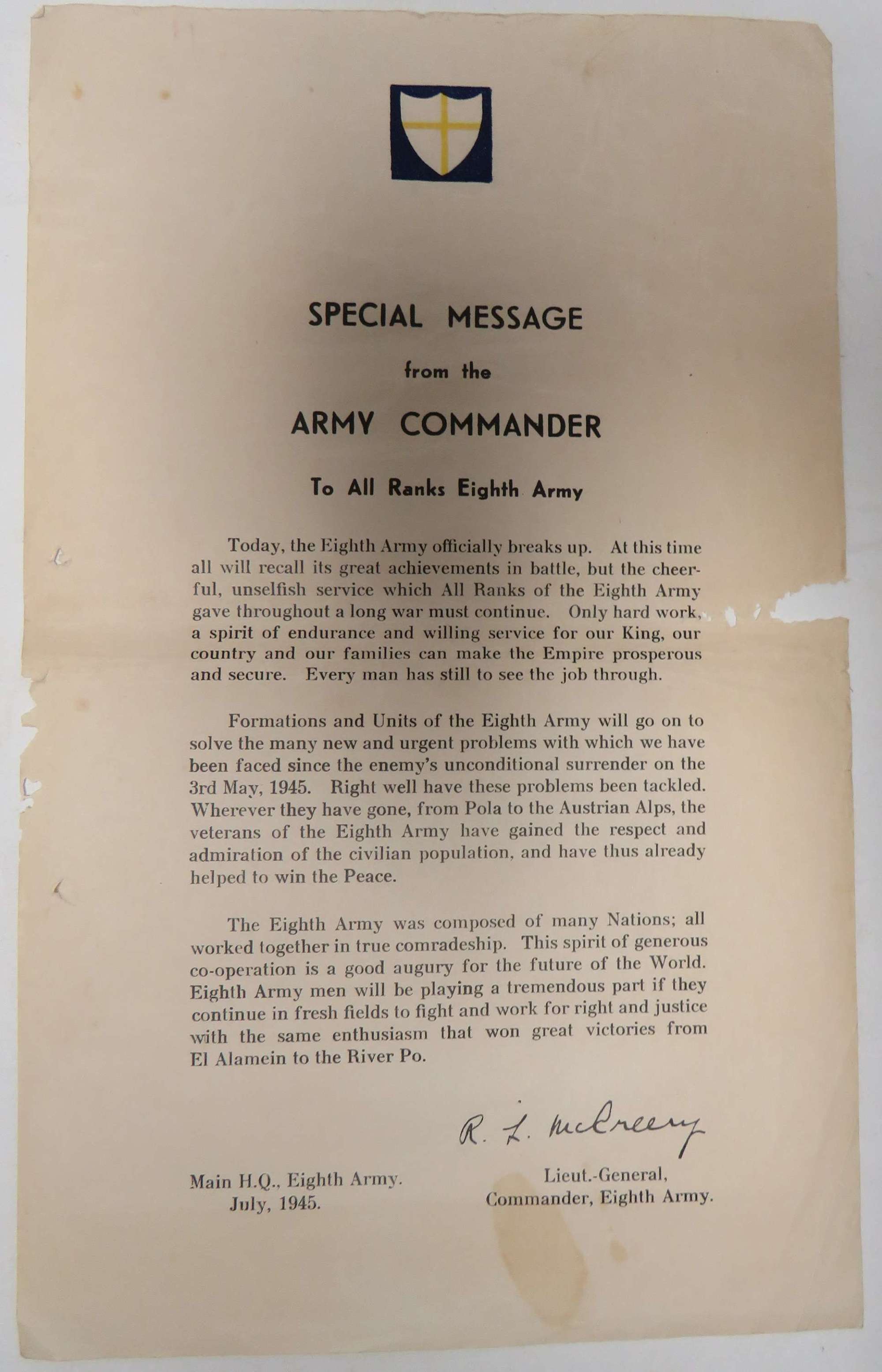July 1945 Final Push 8th Army Message