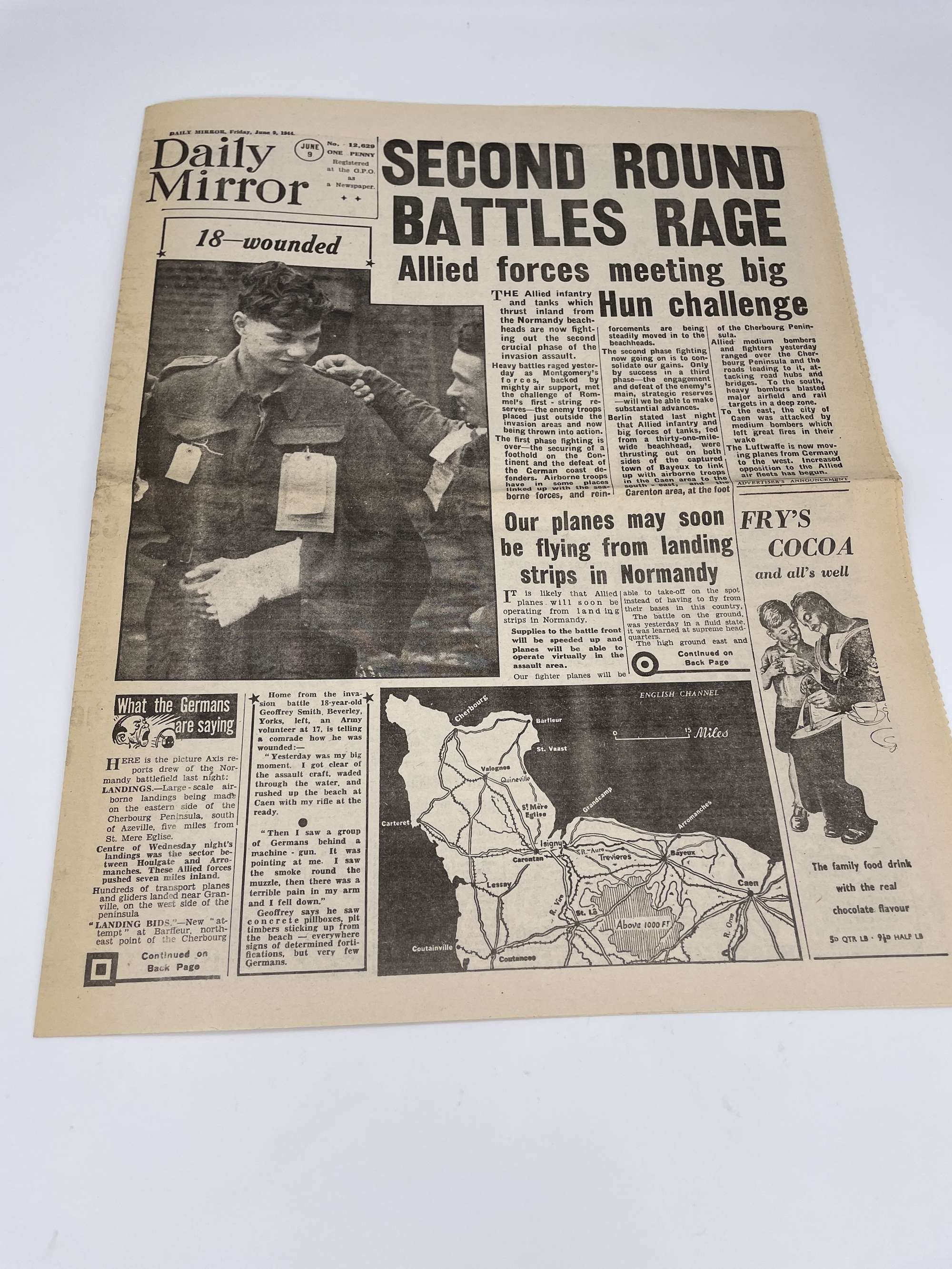 Original World War Two Newspaper, Daily Mirror (9 June 1944), D-Day +3