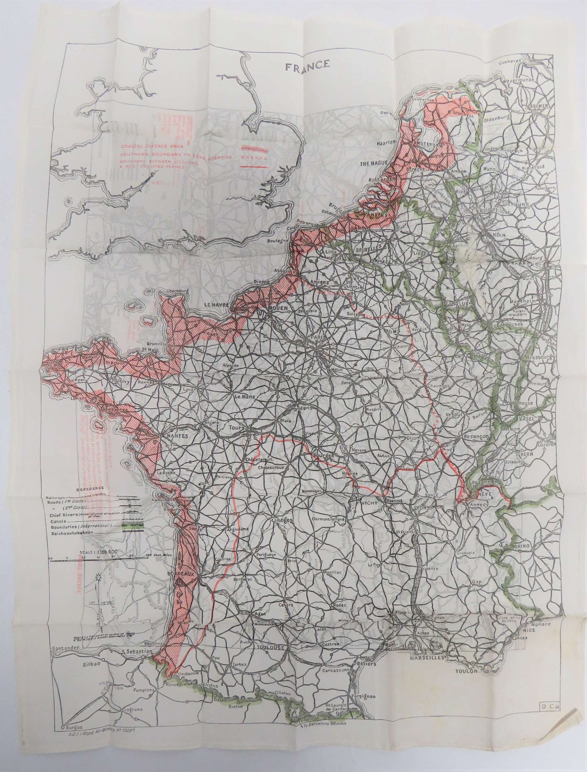World War 2 Double Sided Silk Escape Map of France and Germany
