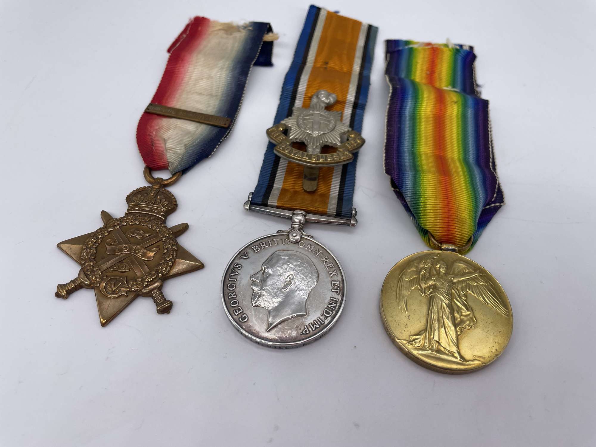 Original World War One Mons Star Medal Trio, Pte Hill, 2/Royal Sussex R., Killed in Action