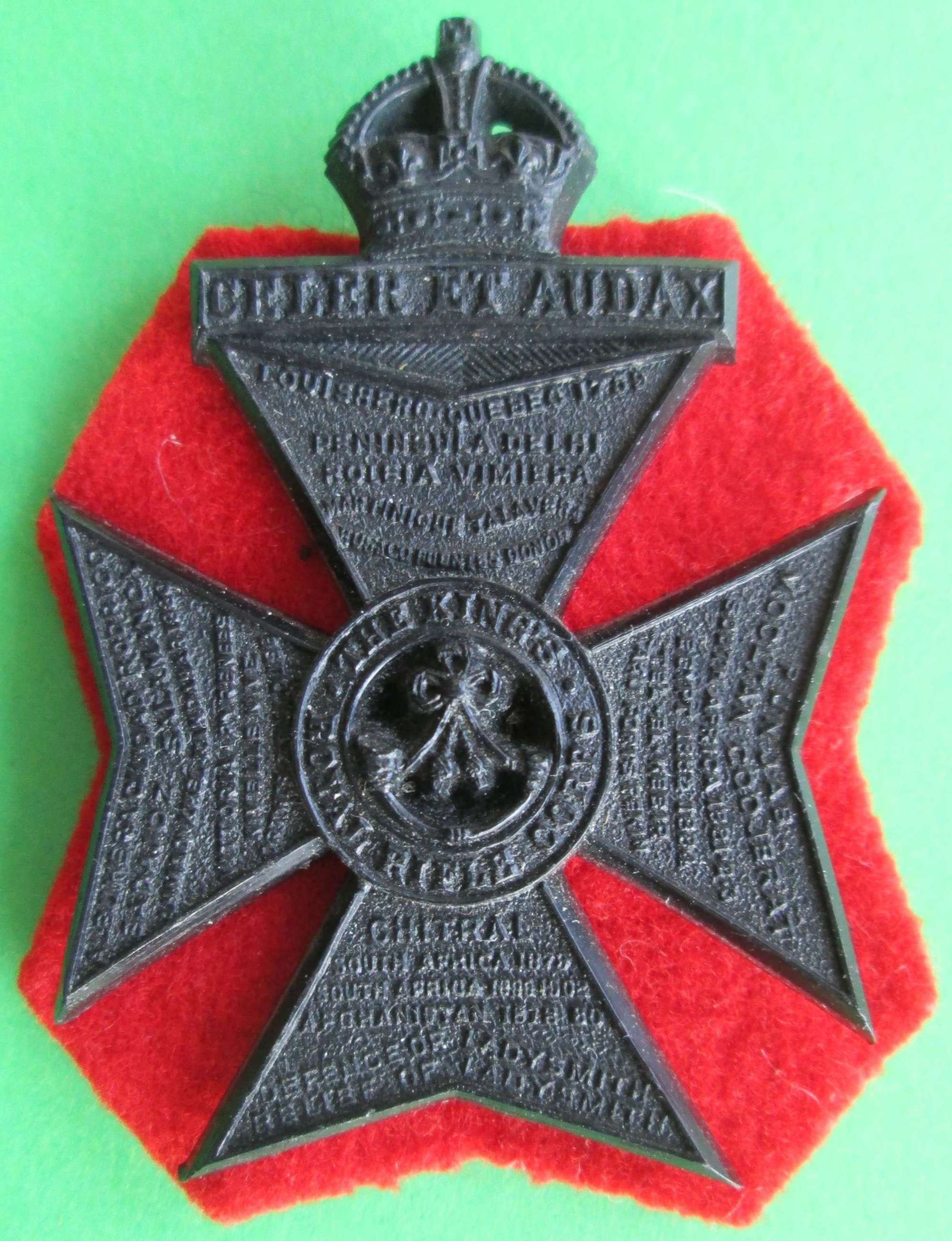 PLASTIC CAP BADGE FOR THE KINGS ROYAL RIFLE CORPS