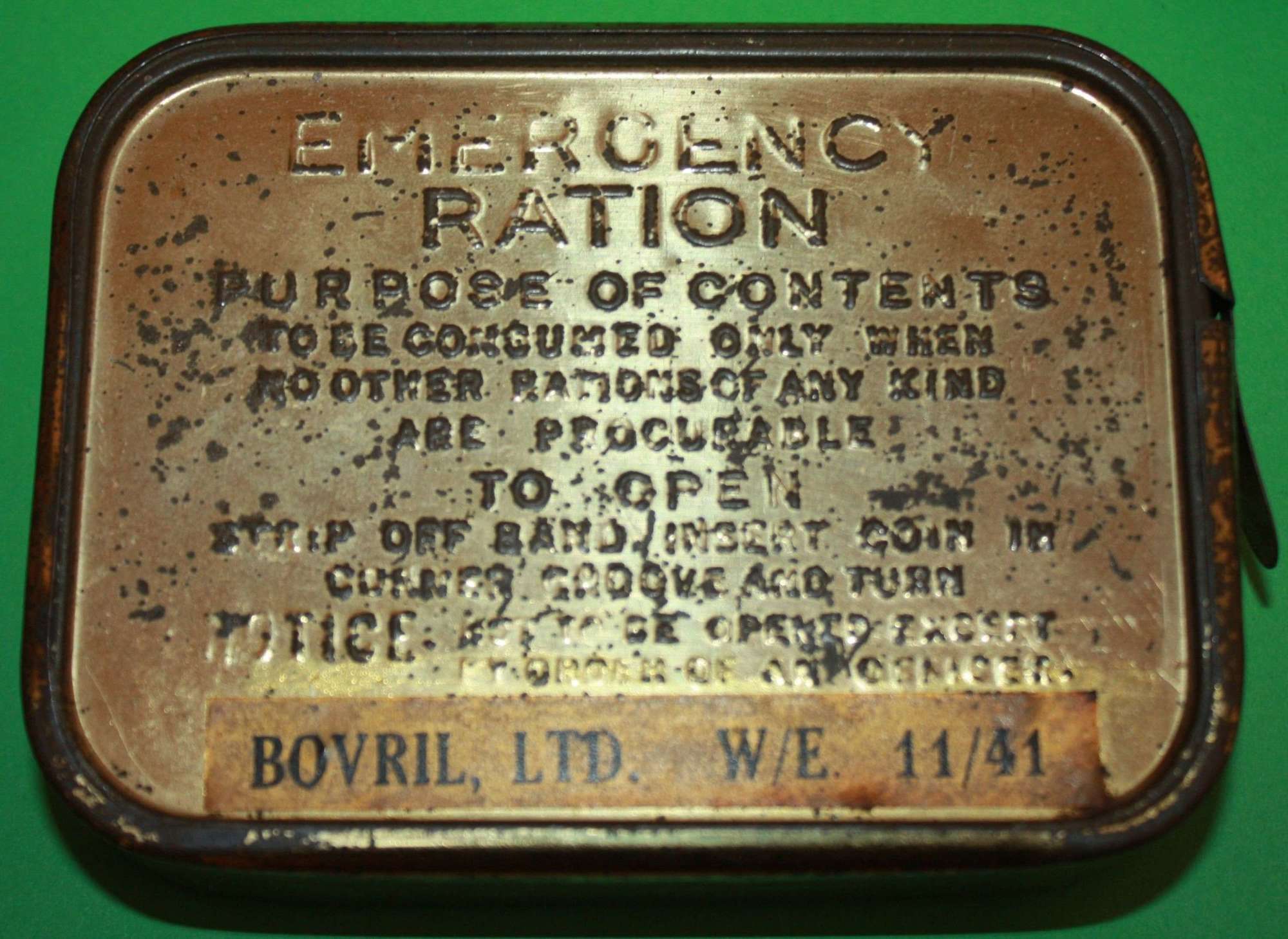 1941 DATED EMERGENCY RATION TIN UNOPENED EXAMPLE