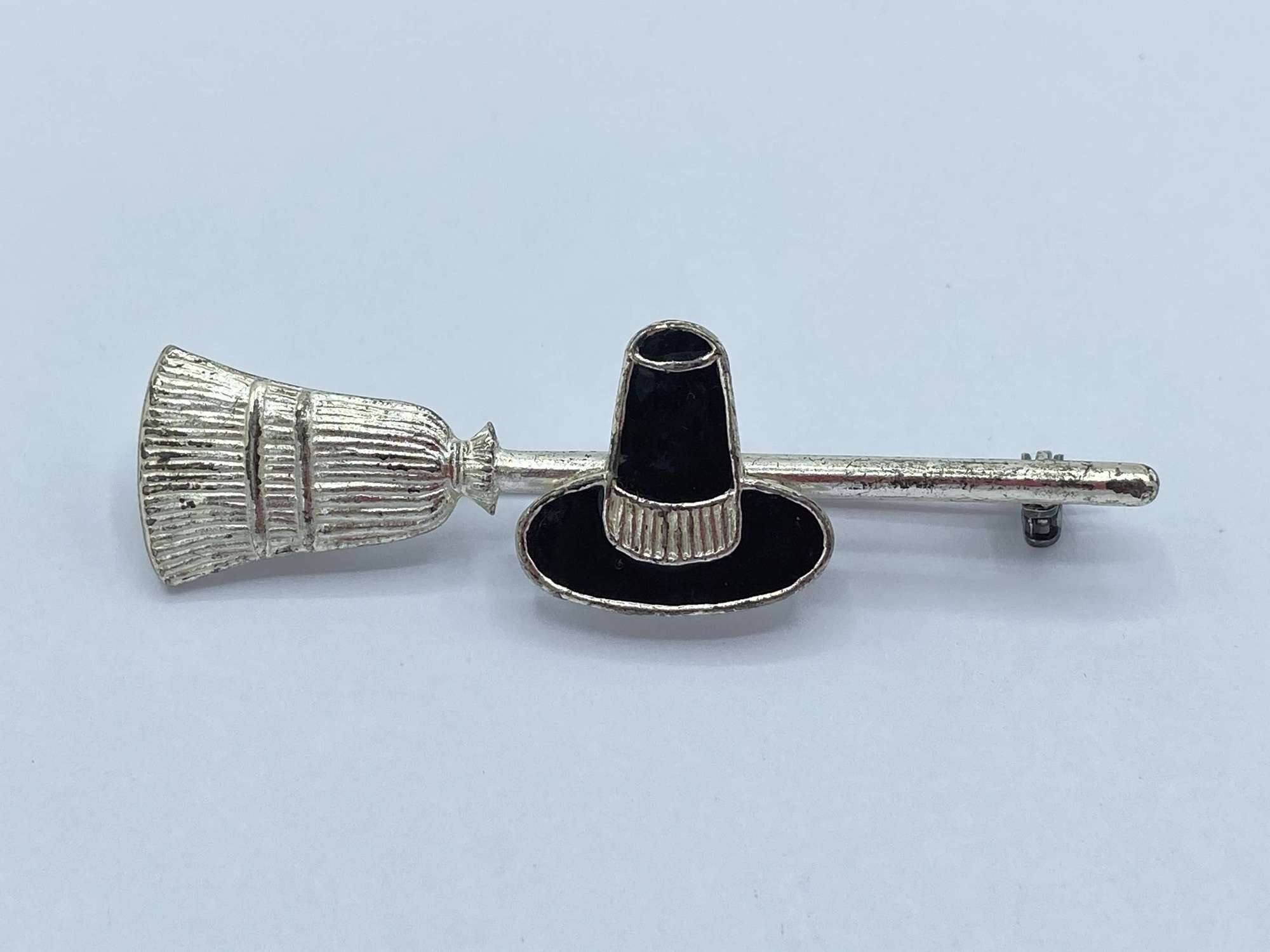 Vintage Sterling Silver & Enamel Witches Broom Stick & Hat Brooch