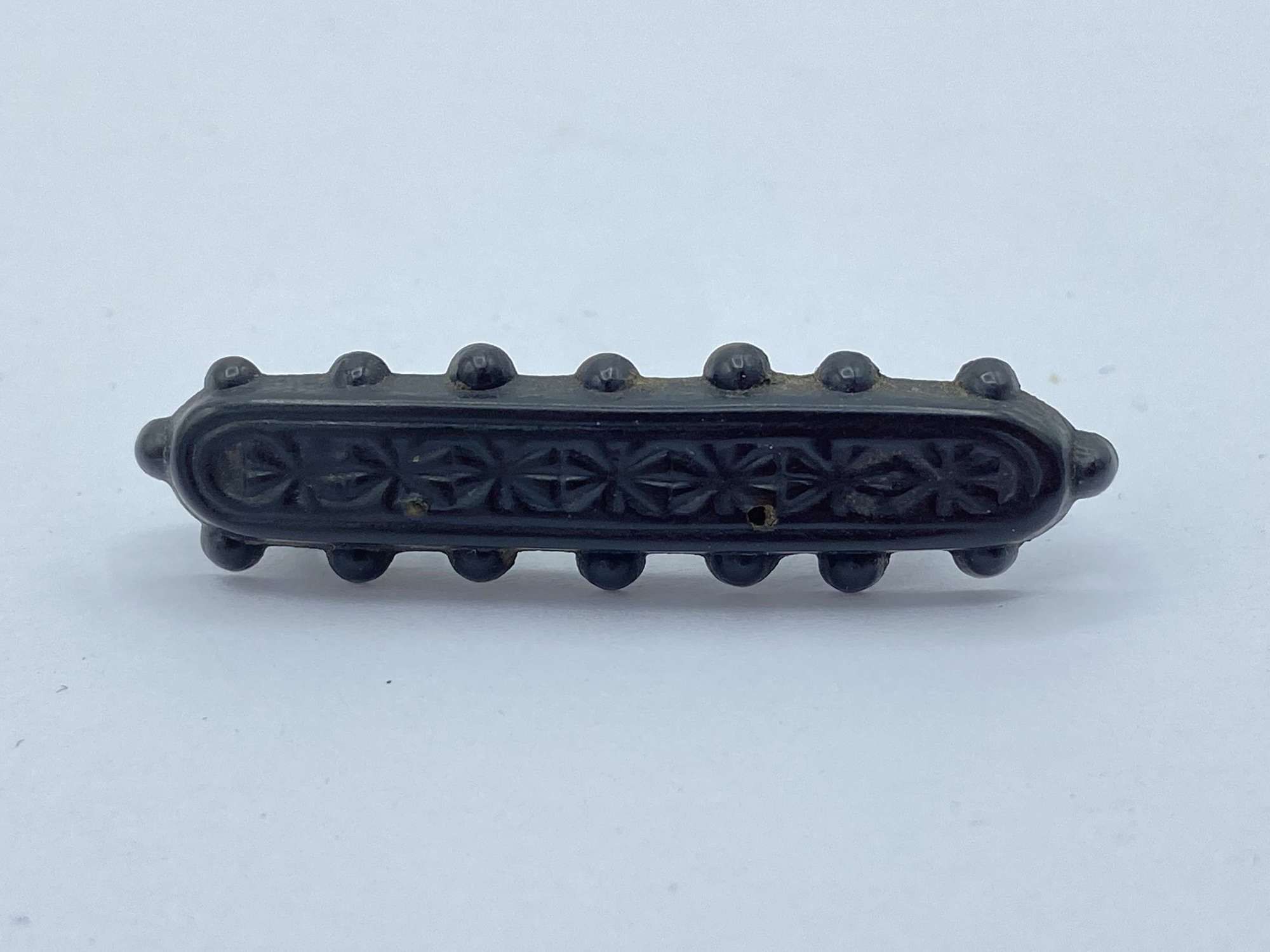 Antique 1890s Carved Whitby Jet Floral Mourning Bar Brooch