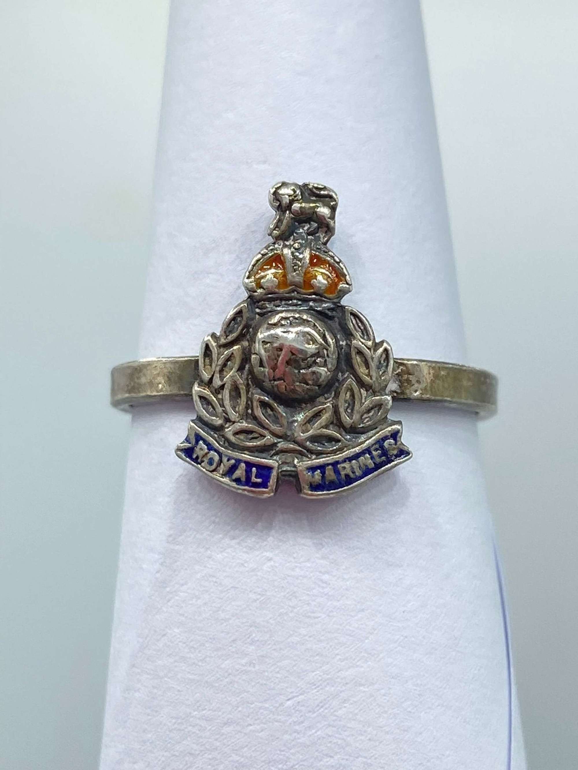 WW2 British Solid Silver & Enamel Royal Marines Sweetheart Ring Size N
