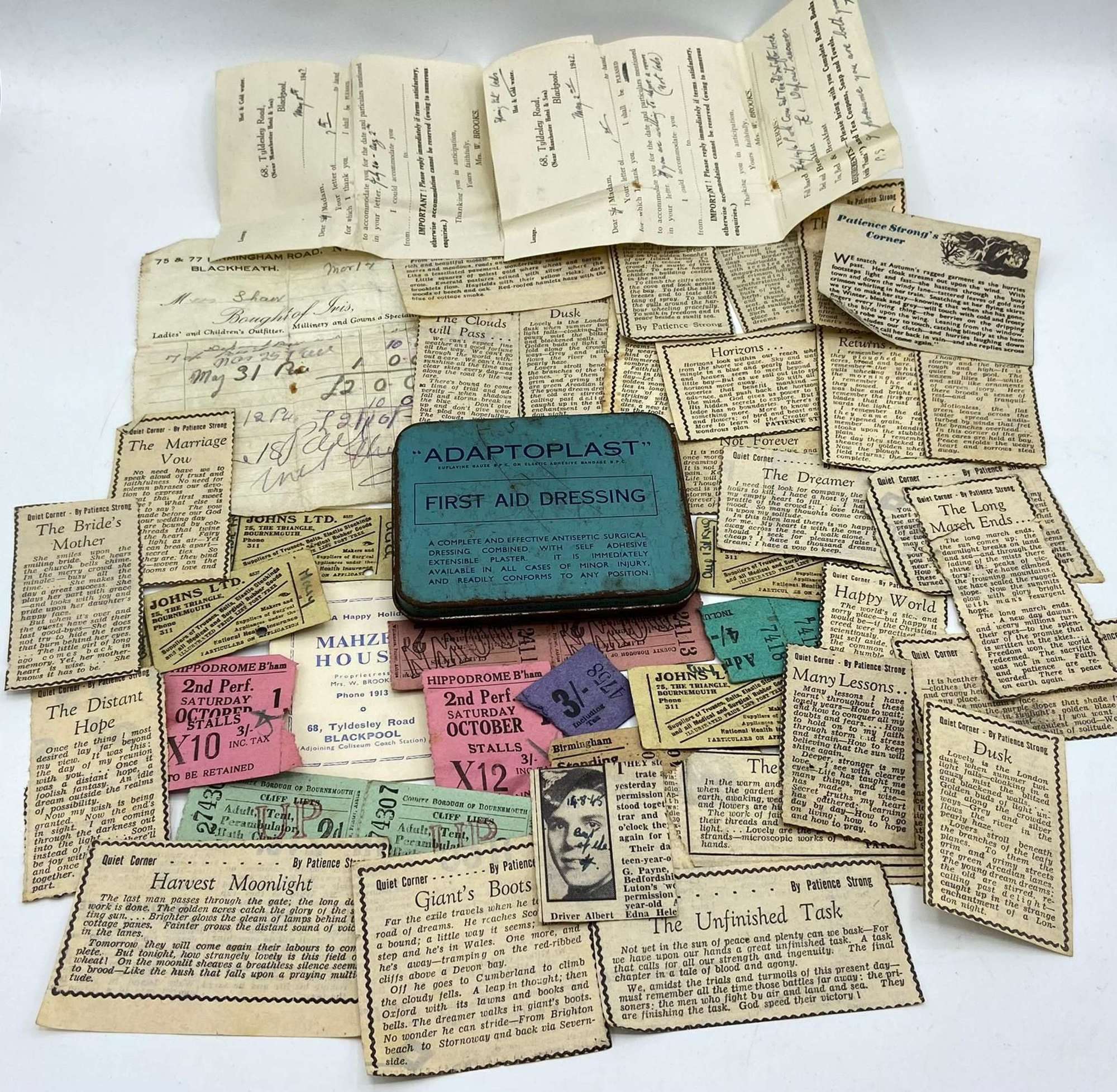 WW2 Adaptoplast Tin Of Tickets & Mindful Newspaper Clippings
