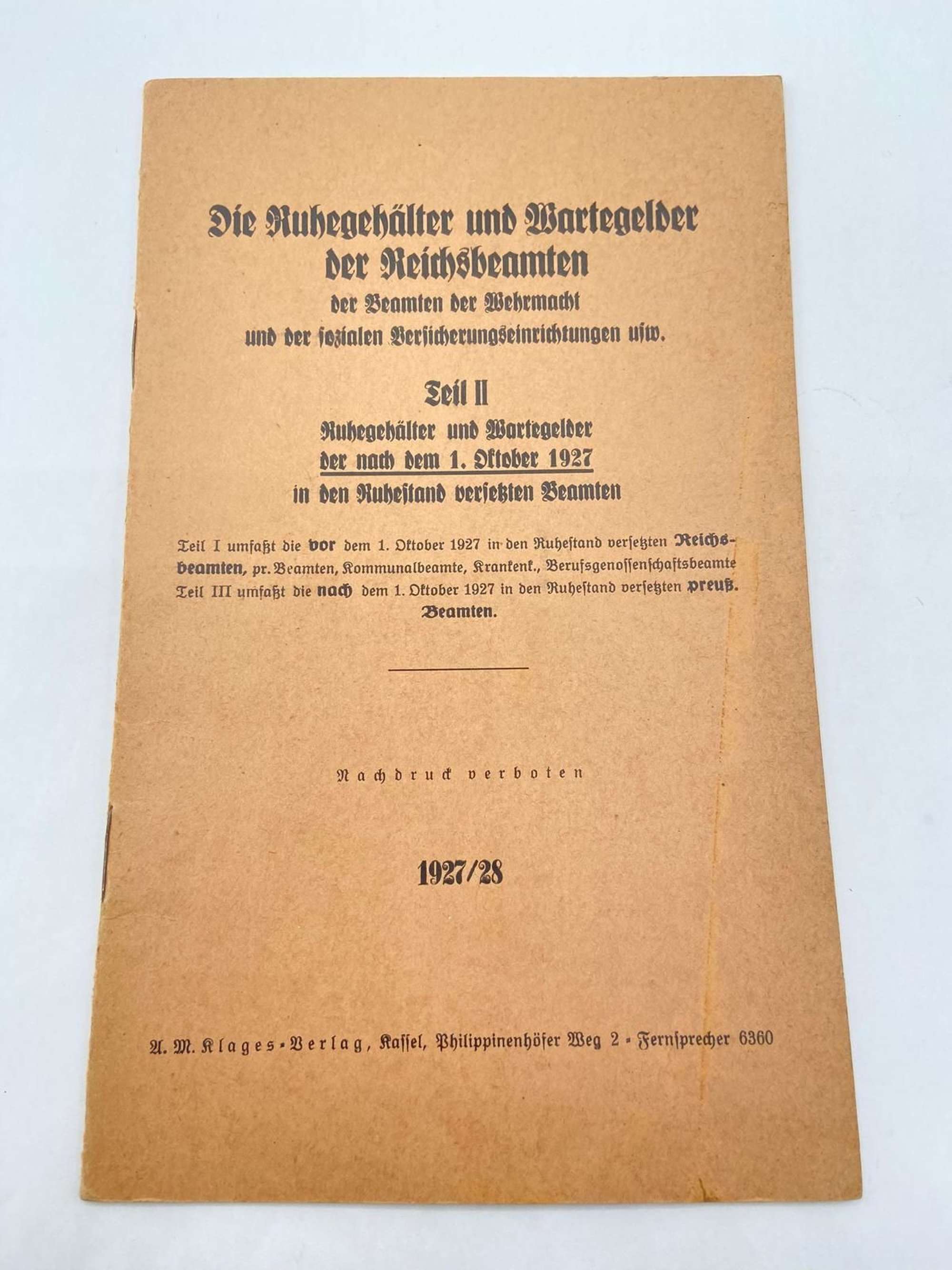 Pensions & Allowances Of Reich Officials & Wehrmacht 1927/28 booklet