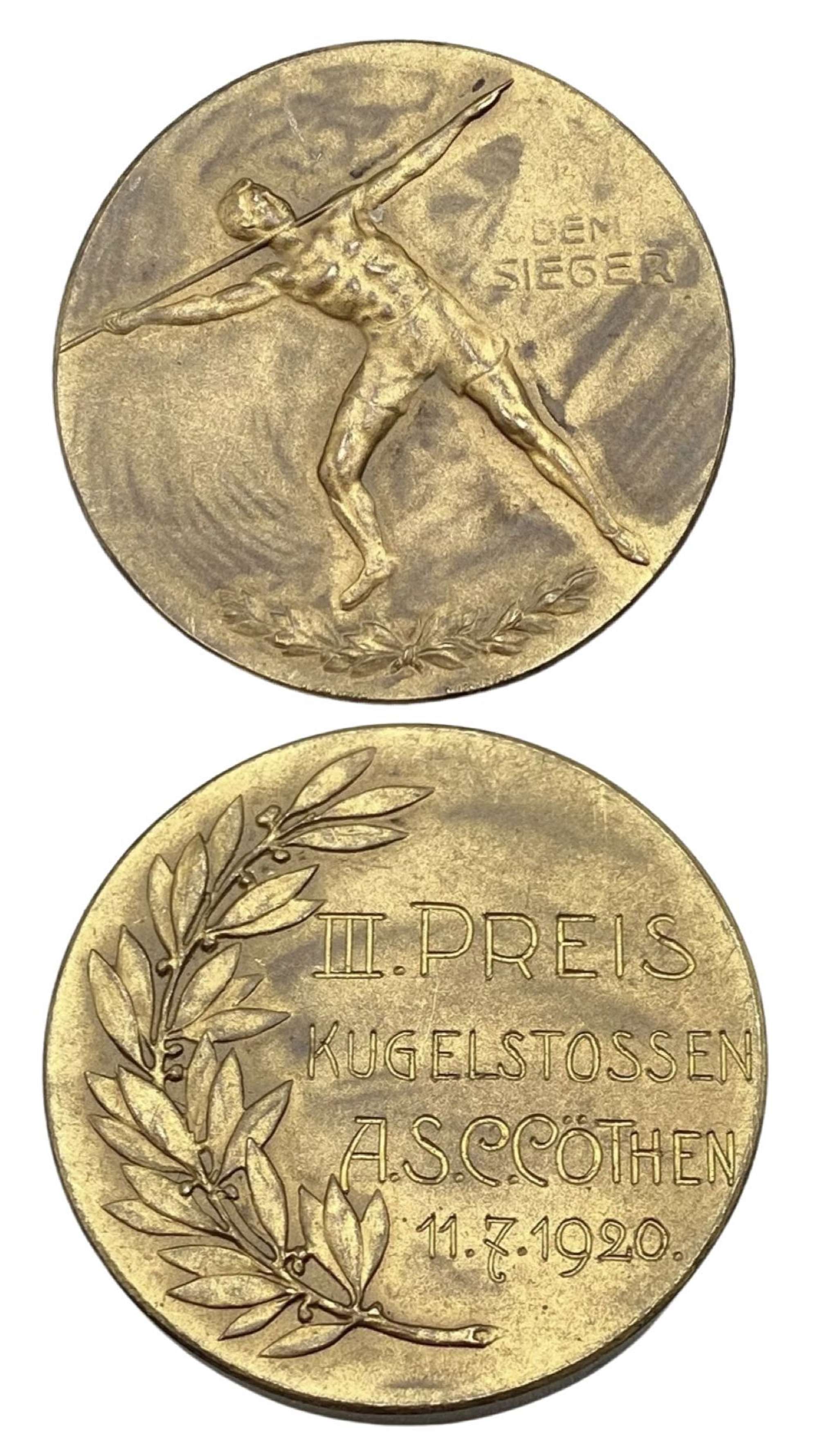 Pre WW1 German 3rd Place Medal For Shot Put A.S.C.Cothen 11.7.1920