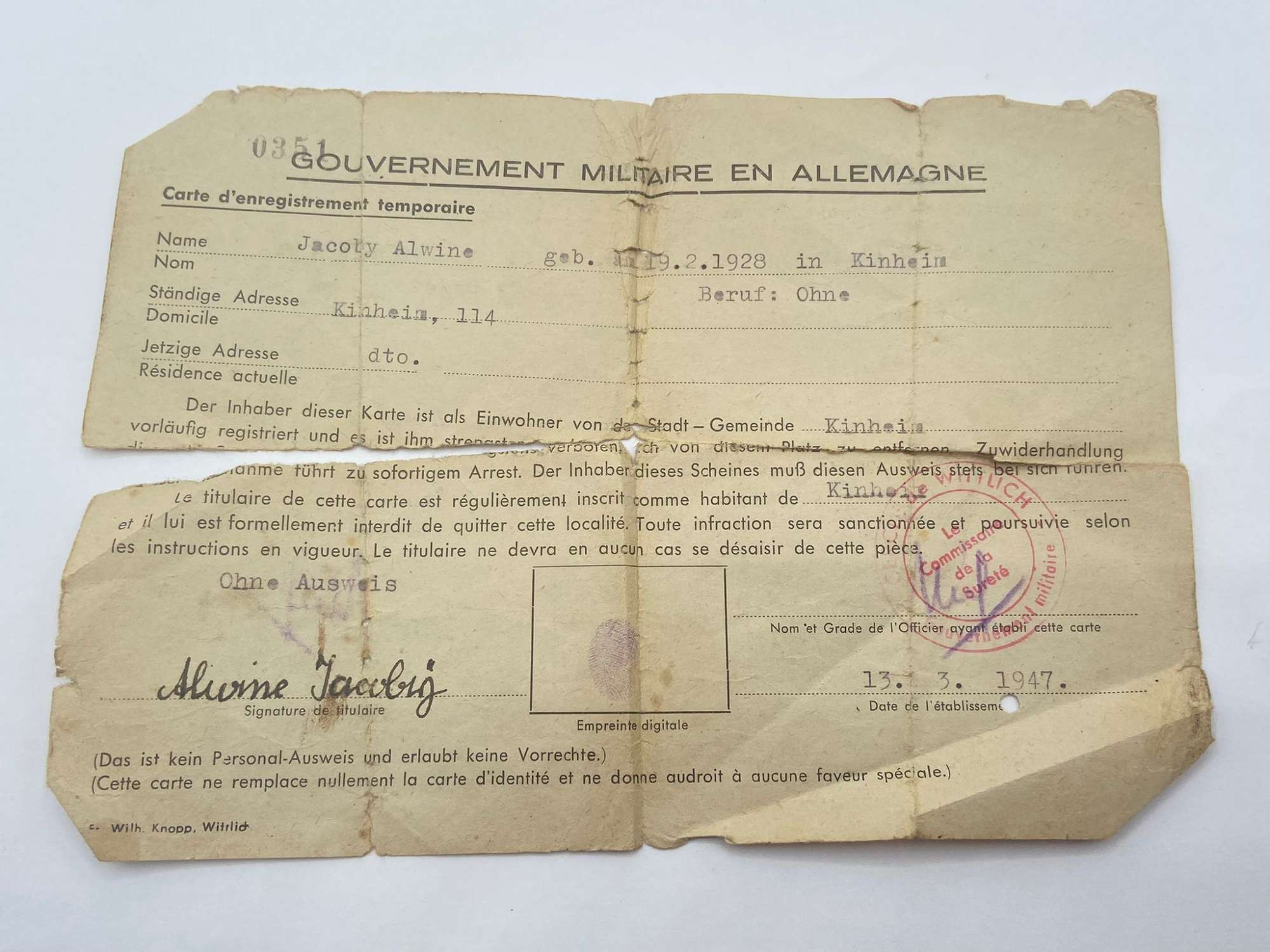 Early Post WW2 German French occupation zone temporarily Movement Card