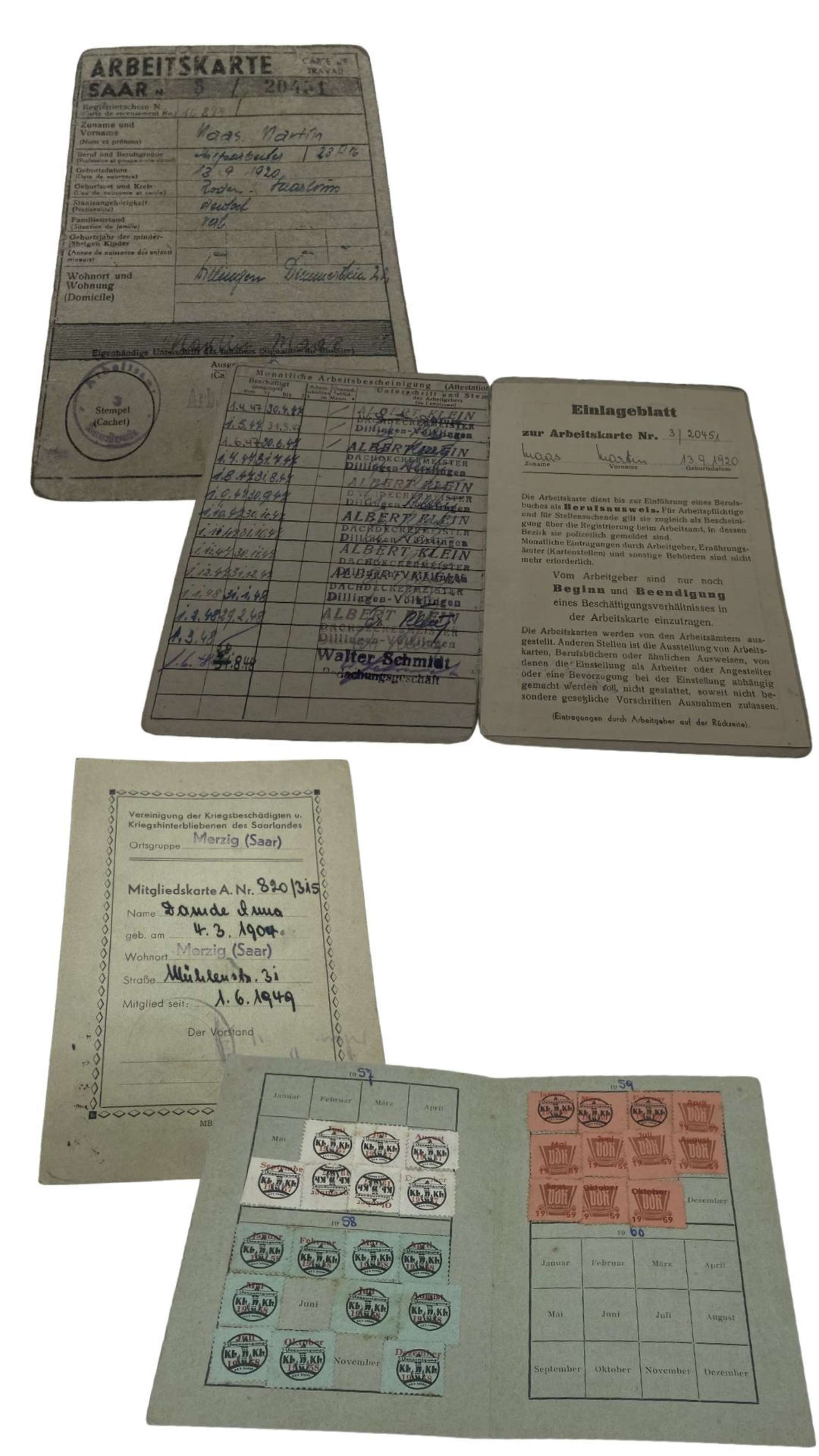 Post WW2 1940s German Saar Work Card, Travel Slip & War Victims