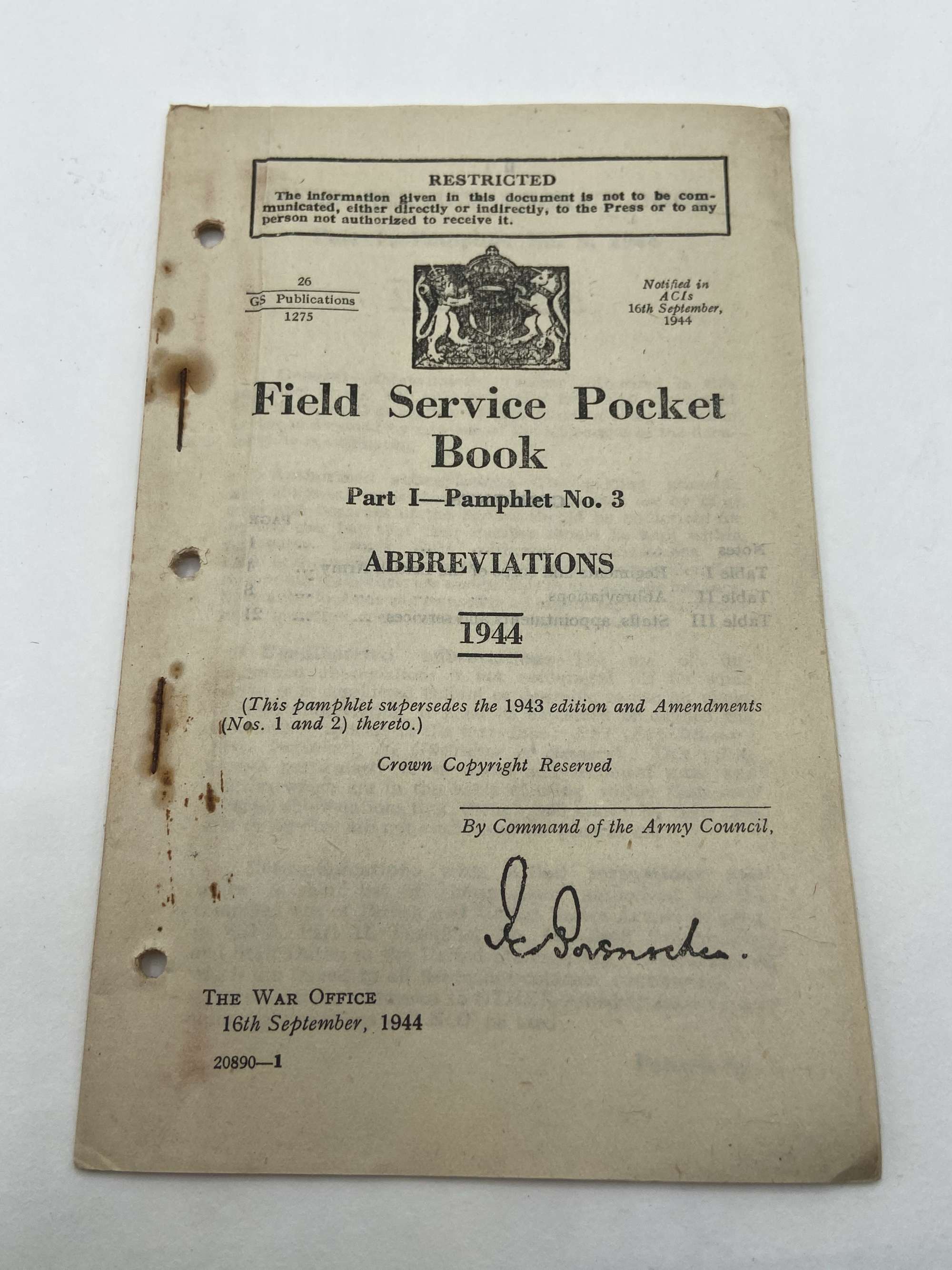 WW2 British Field Service Pocket Book 1944 Abbreviations