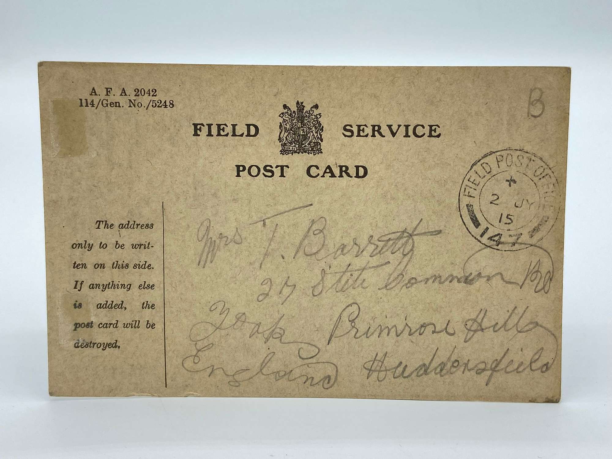 WW1 British Field Service Postcard 2nd July 1915 By T.Barrett