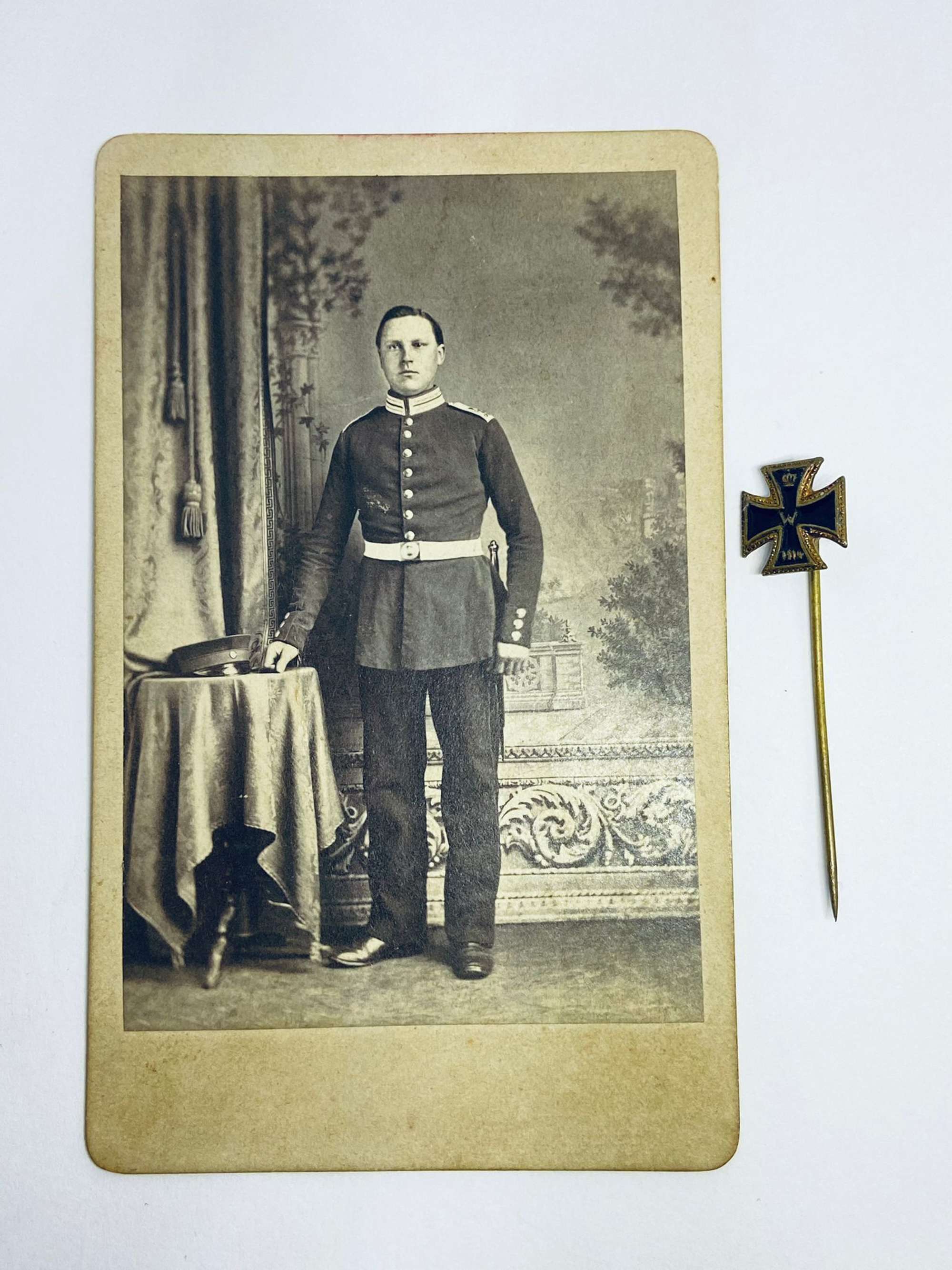 WW1 German Officer Portrait Photograph, Miniature Iron Cross Stick Pi