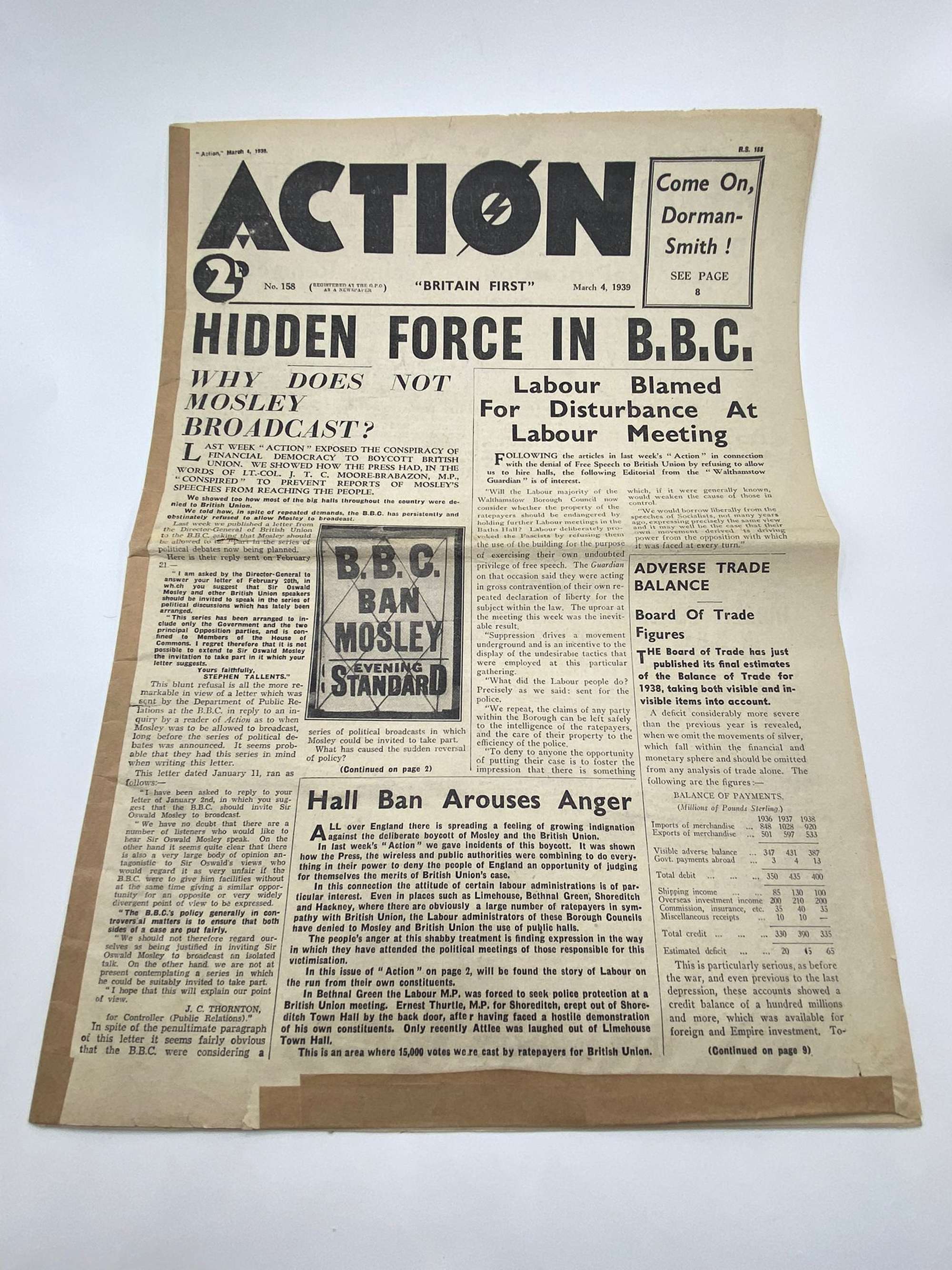 British-Union-Of-Fascists Action Newspaper Mar 4th 1939 Oswald Mosley