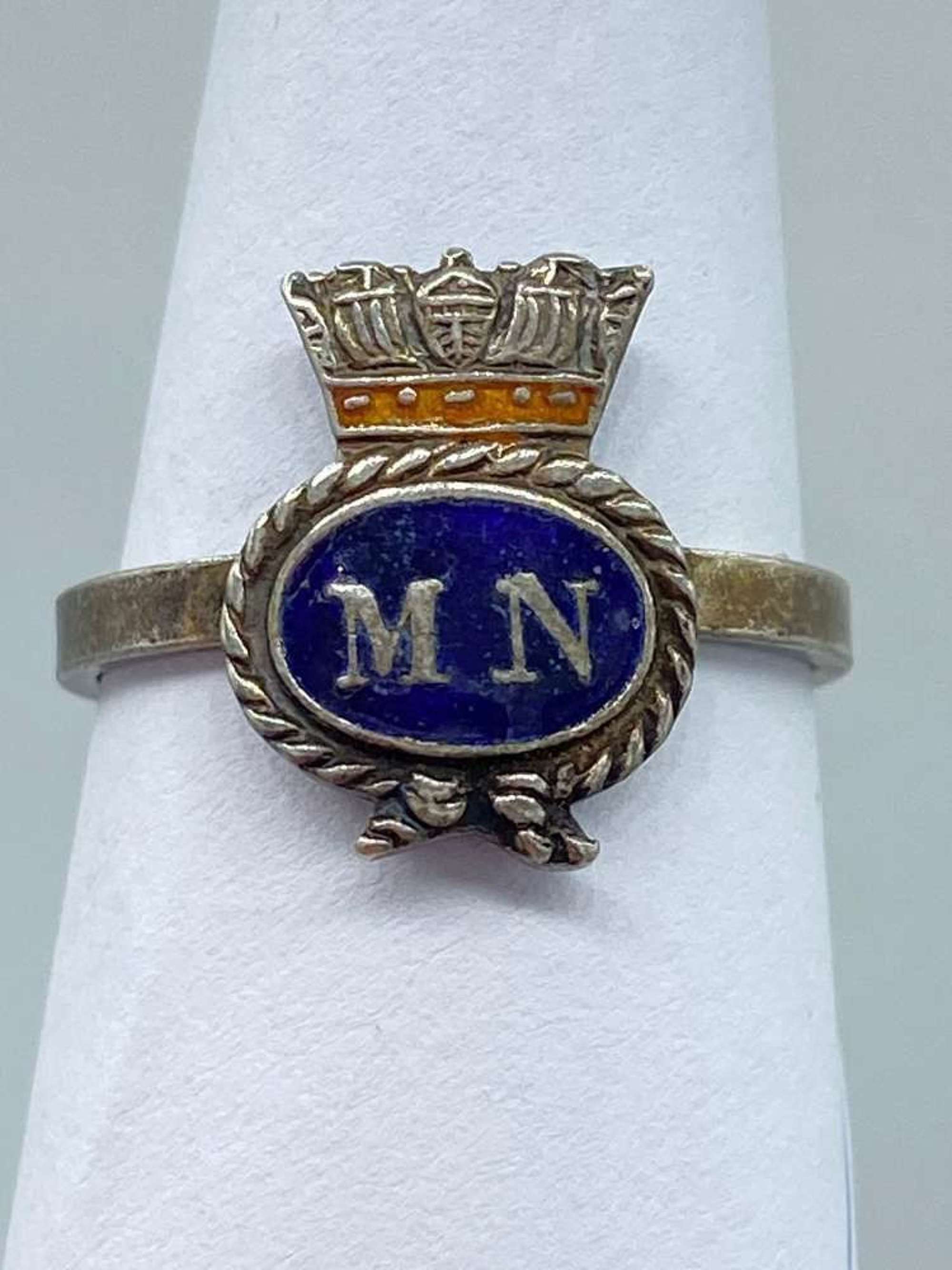 WW2 Sterling Silver & Enamel Merchant Navy Sweetheart Ring Size M