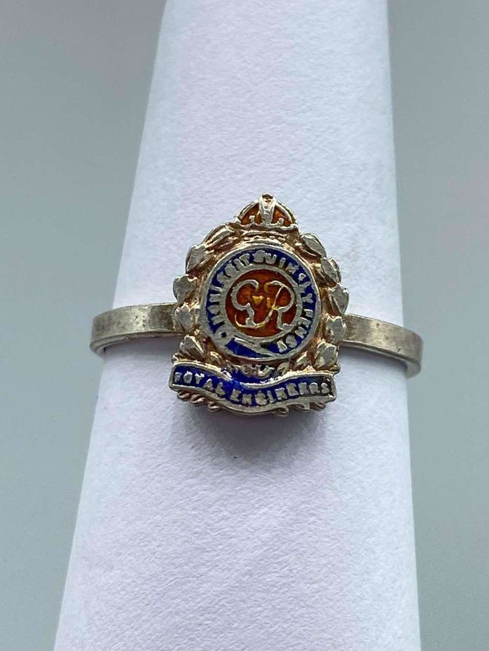 WW2 British Silver & Enamel Royal Engineers Sweetheart Ring Size N