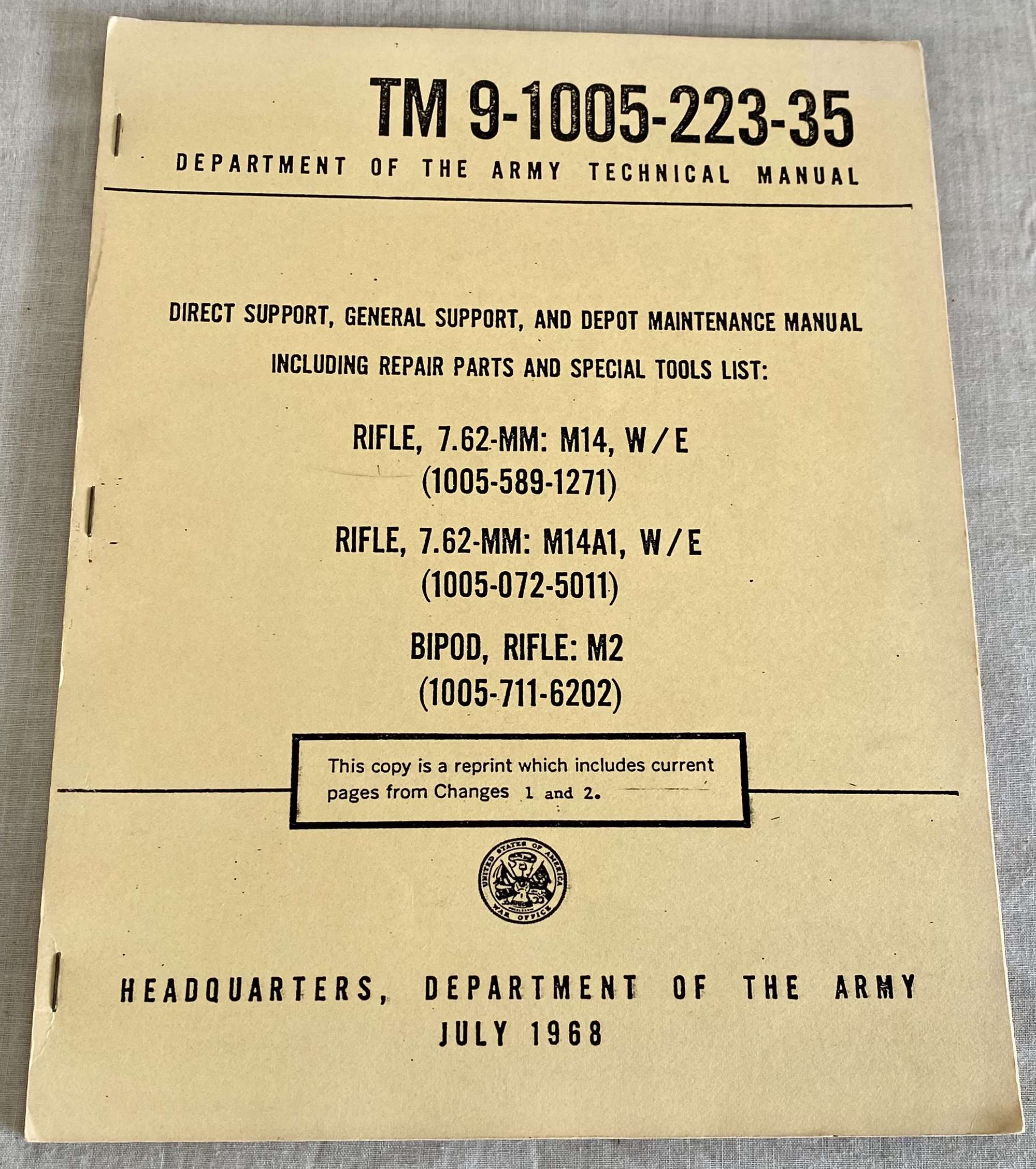 US Military Issue Direct Support Booklet, 7.62 M14 M14A1 Bipod M2, 1968 Dated