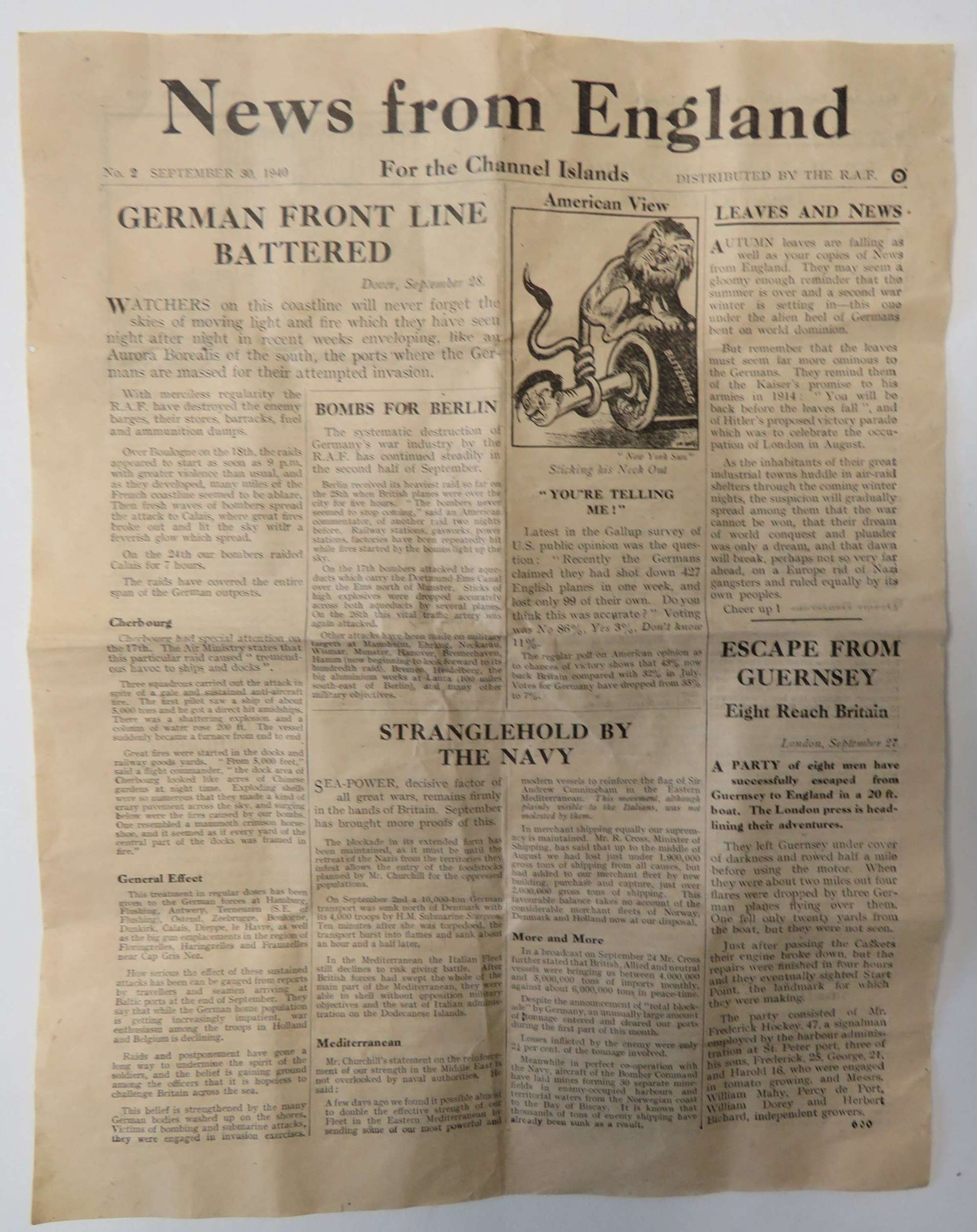 1940 News From England Dropped over the Channel Islands Number 2