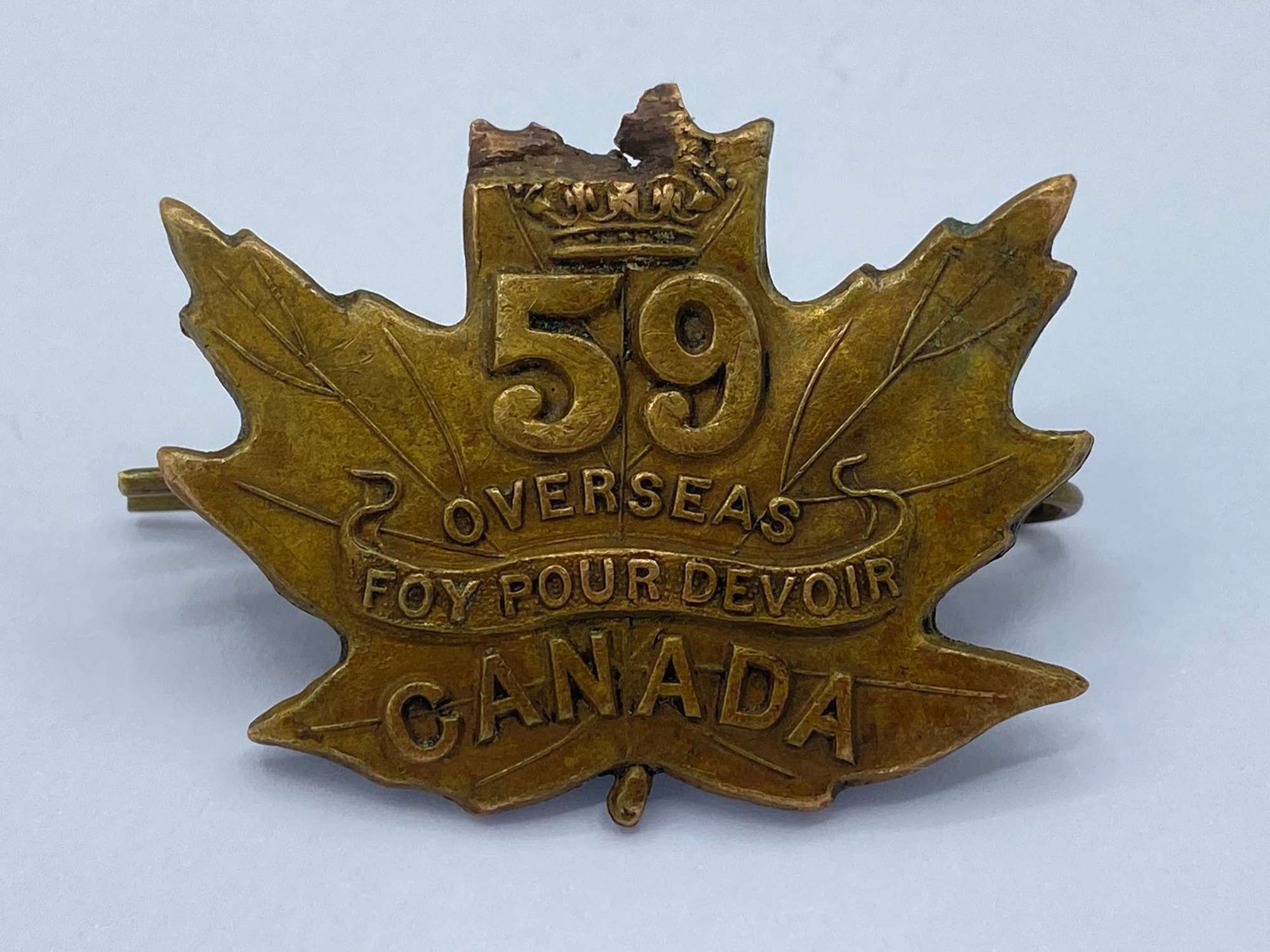 WW1 Canadian 59th Battalion Cap Badge By Kinnear & D'Esterre 1915