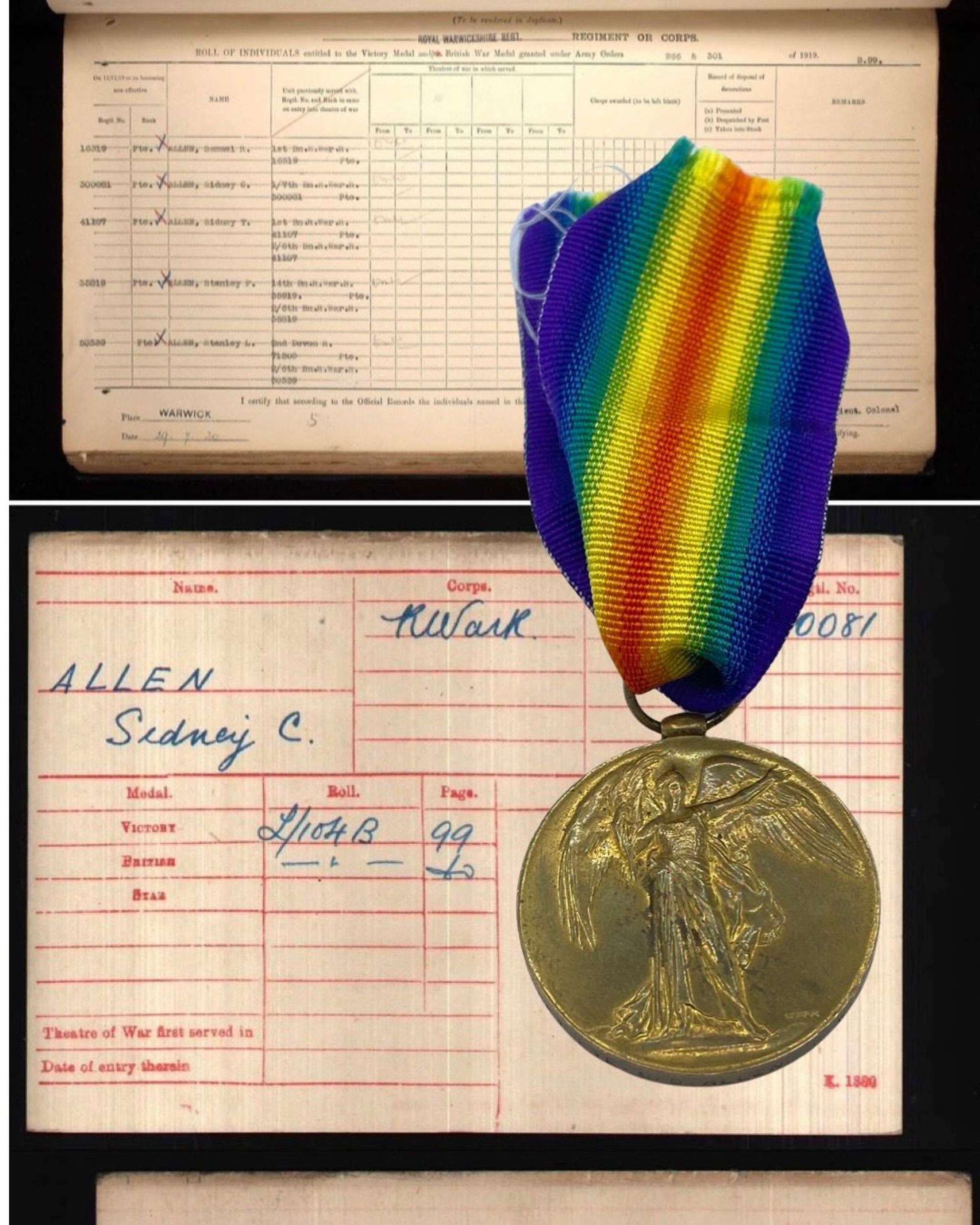 WW1 Victory Full Sized Medal To Pte S.C Allen Royal Warwickshire Reg