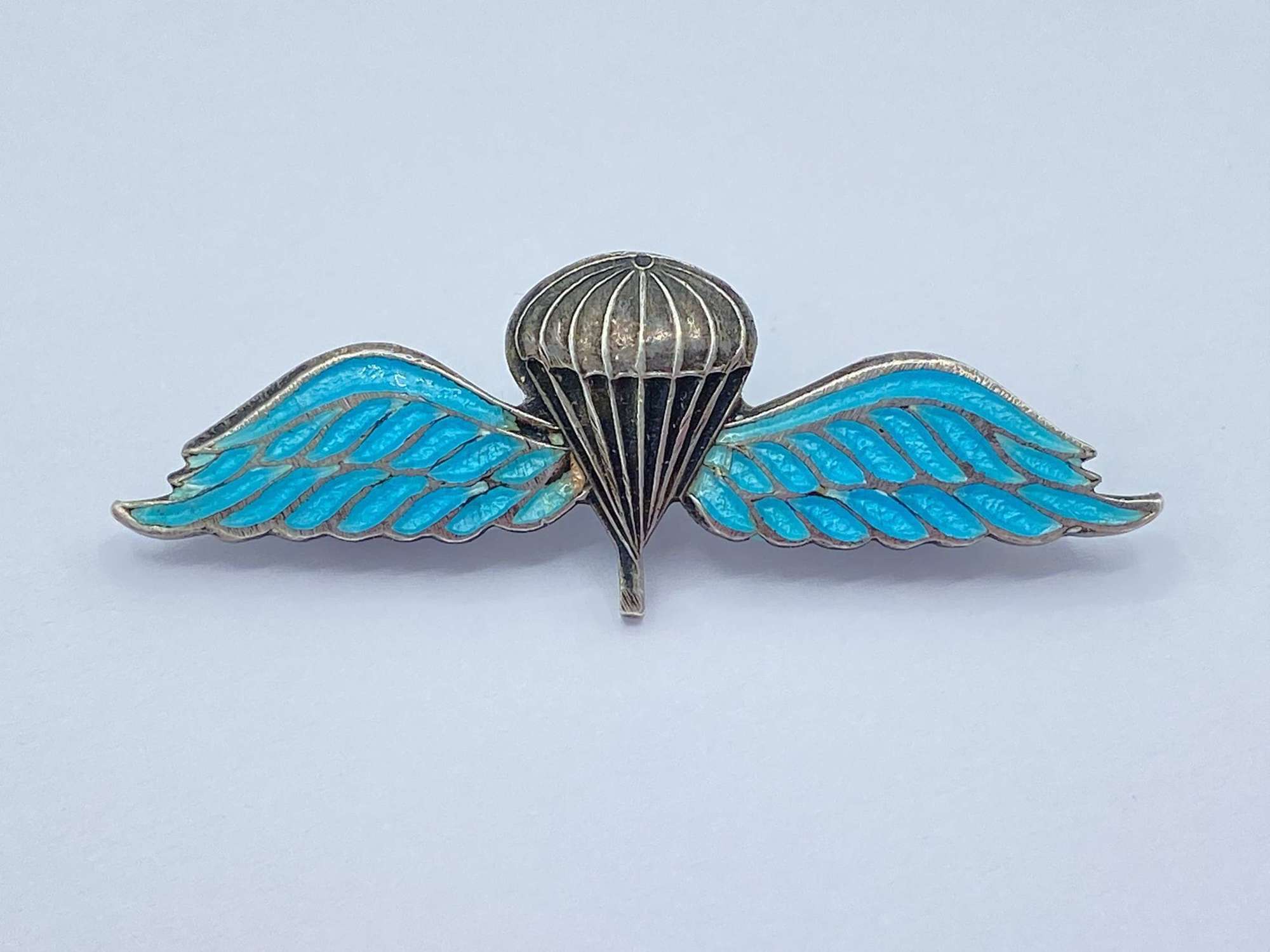 WW2 British Commando Silver & Enamel Parachute Wings Sweetheart Brooch