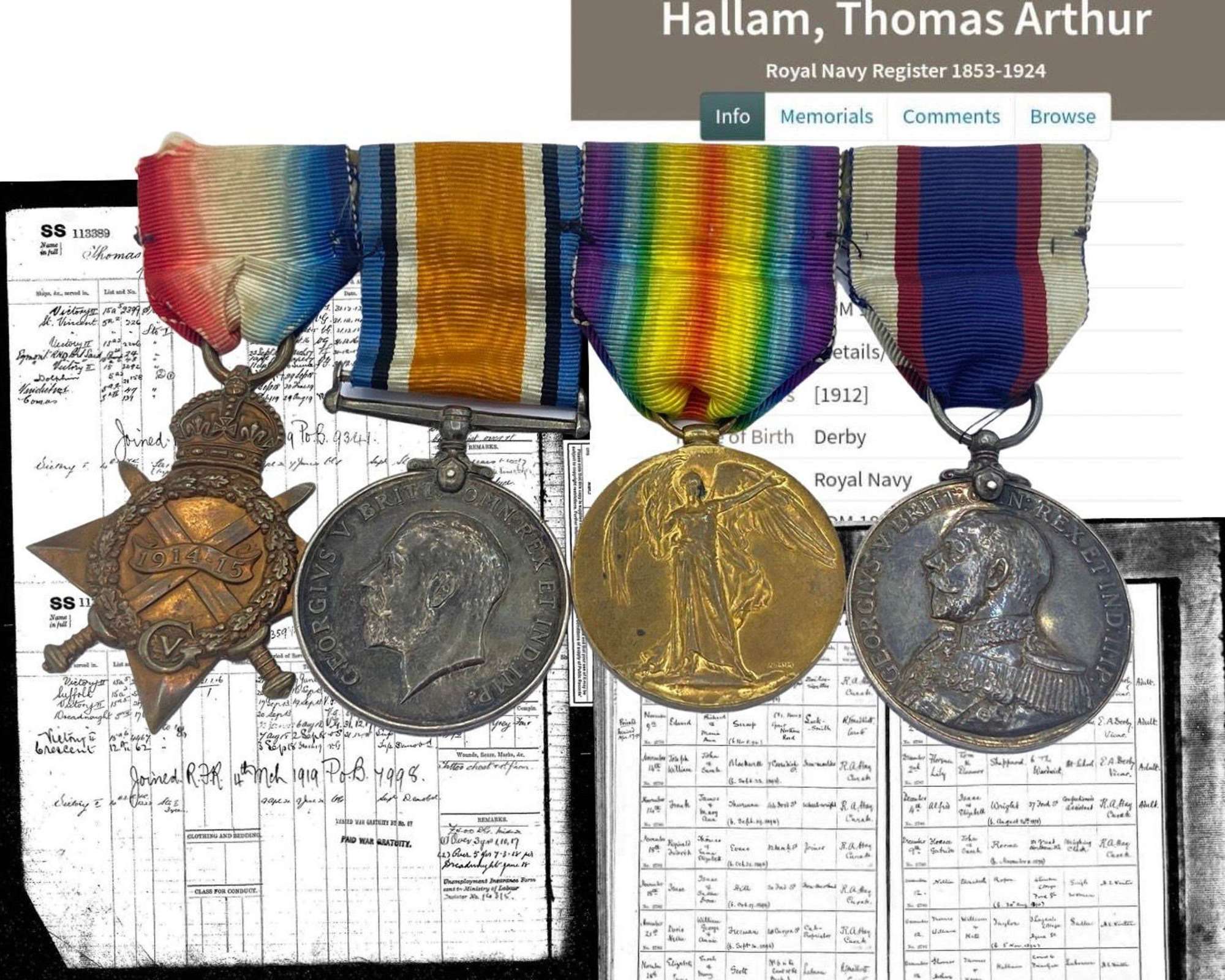 WW1 Medal Grouping To Stoker Thomas A Hallam Royal Navy & Research