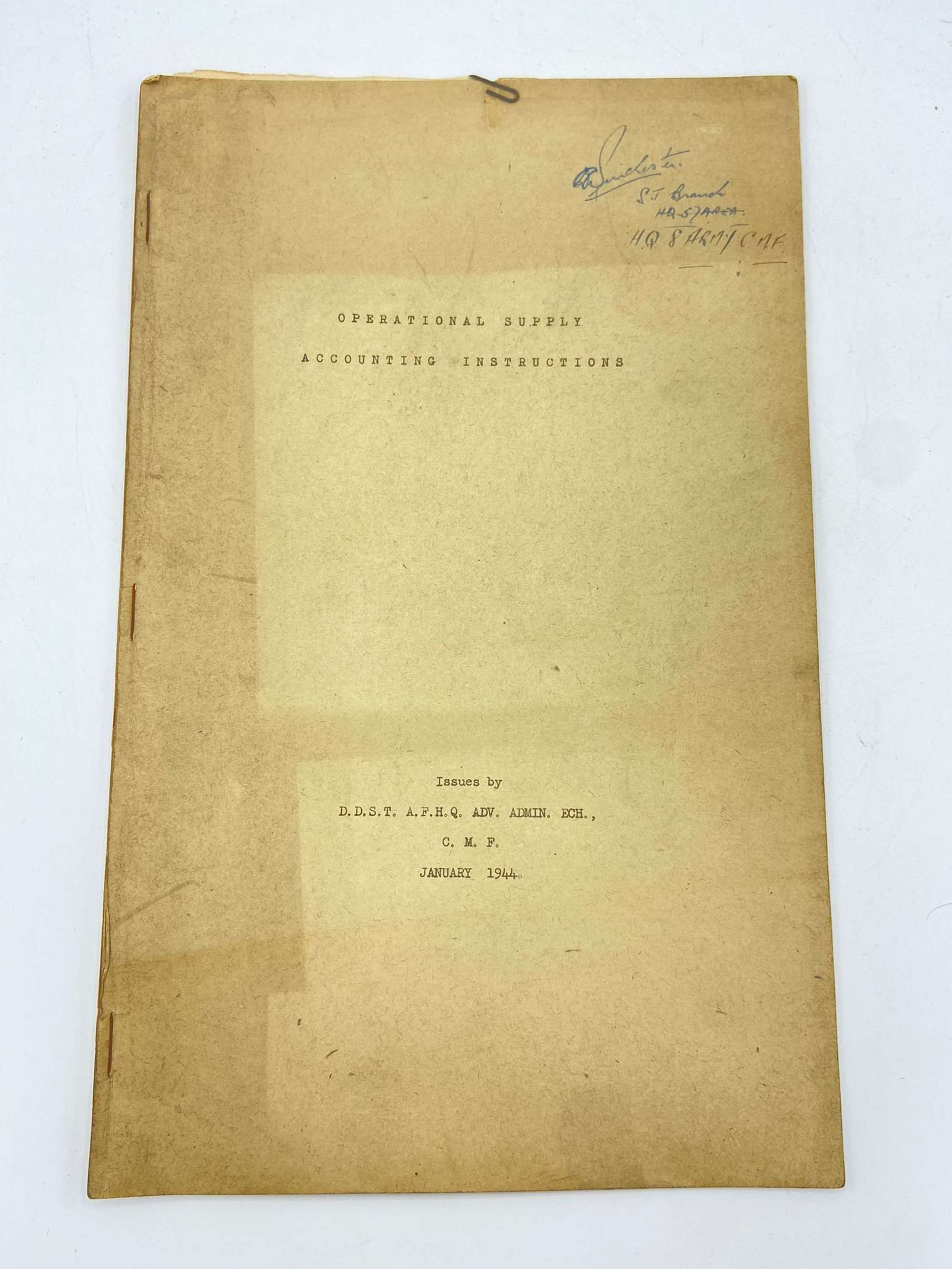 WW2 Operational Supply Accounting Instructions Folder, 8th Army HQ CMF