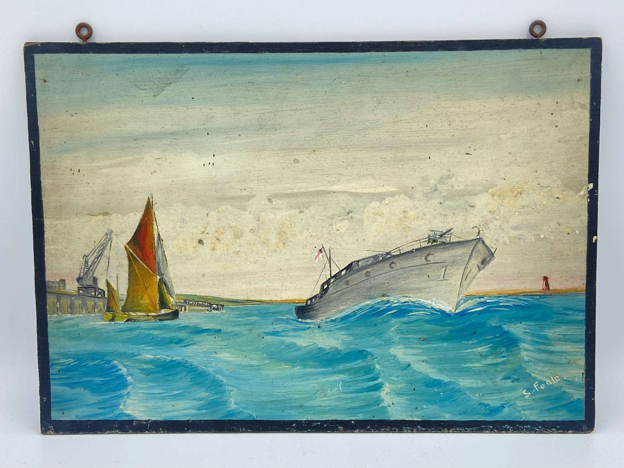 WW2 Royal Navy Motor Gun Boat In Holland & Dutch Sailboat Painting