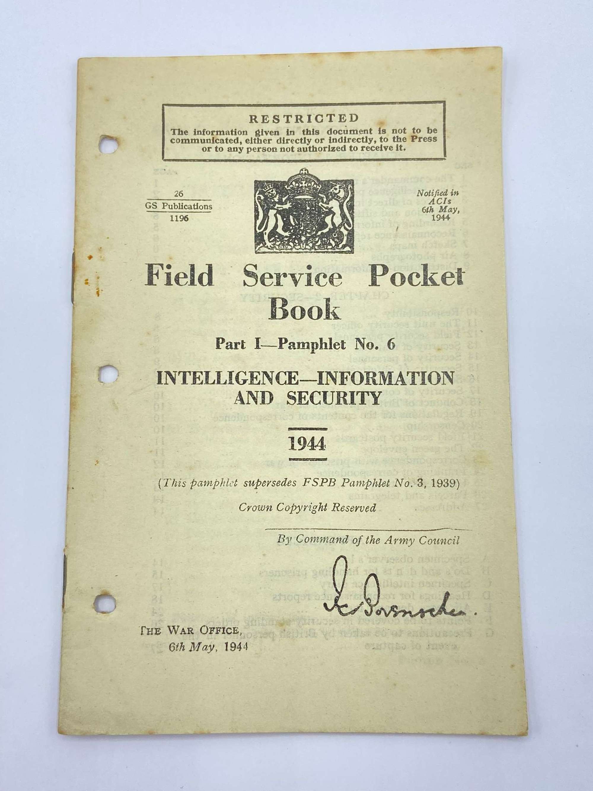 WW2 Field Service Pocket Book Intelligence & Security Information 1944