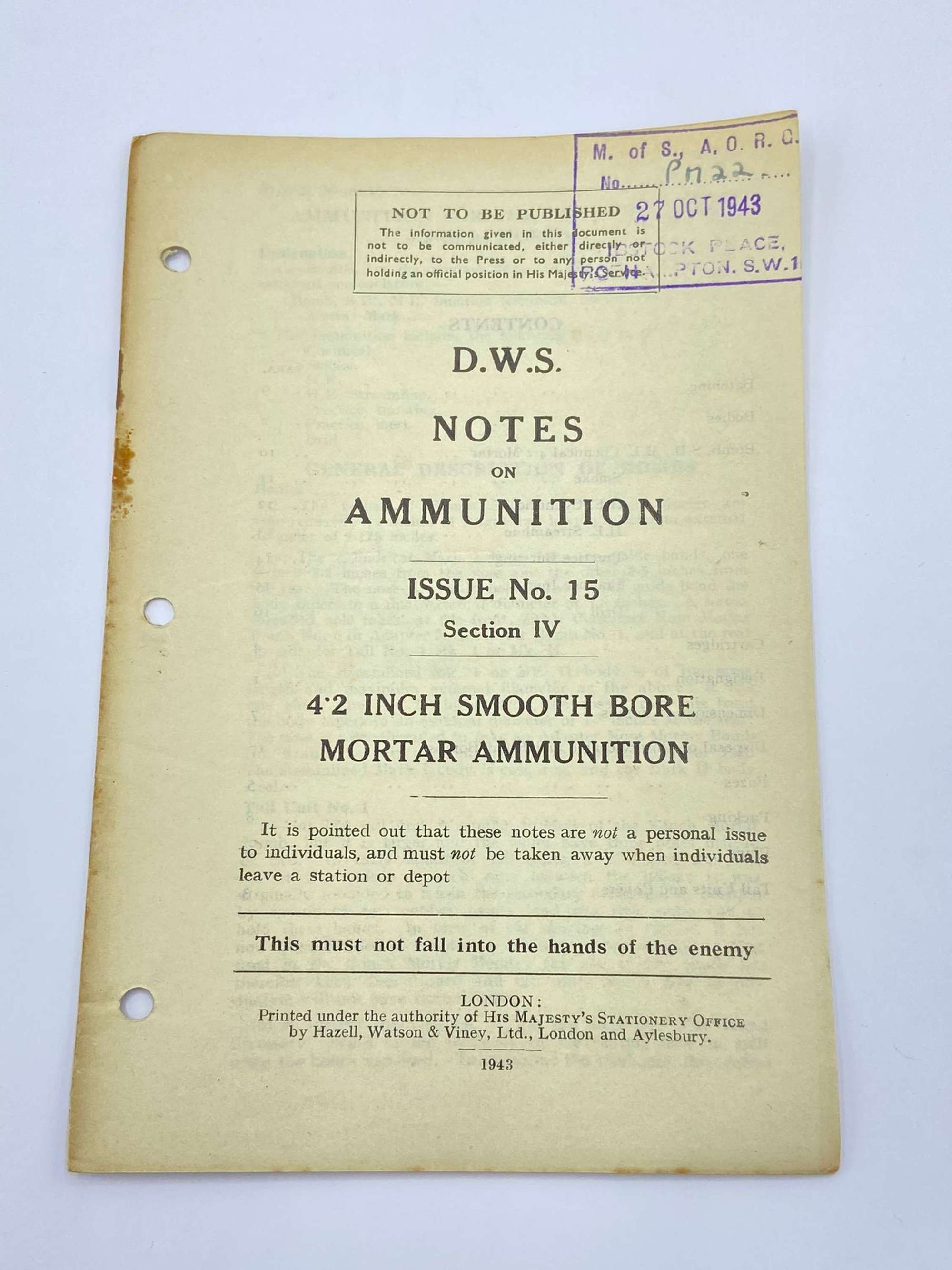 WW2 British D.W.S Notes On Ammunition 4’2 Inch Smooth Bore Mortar Ammo