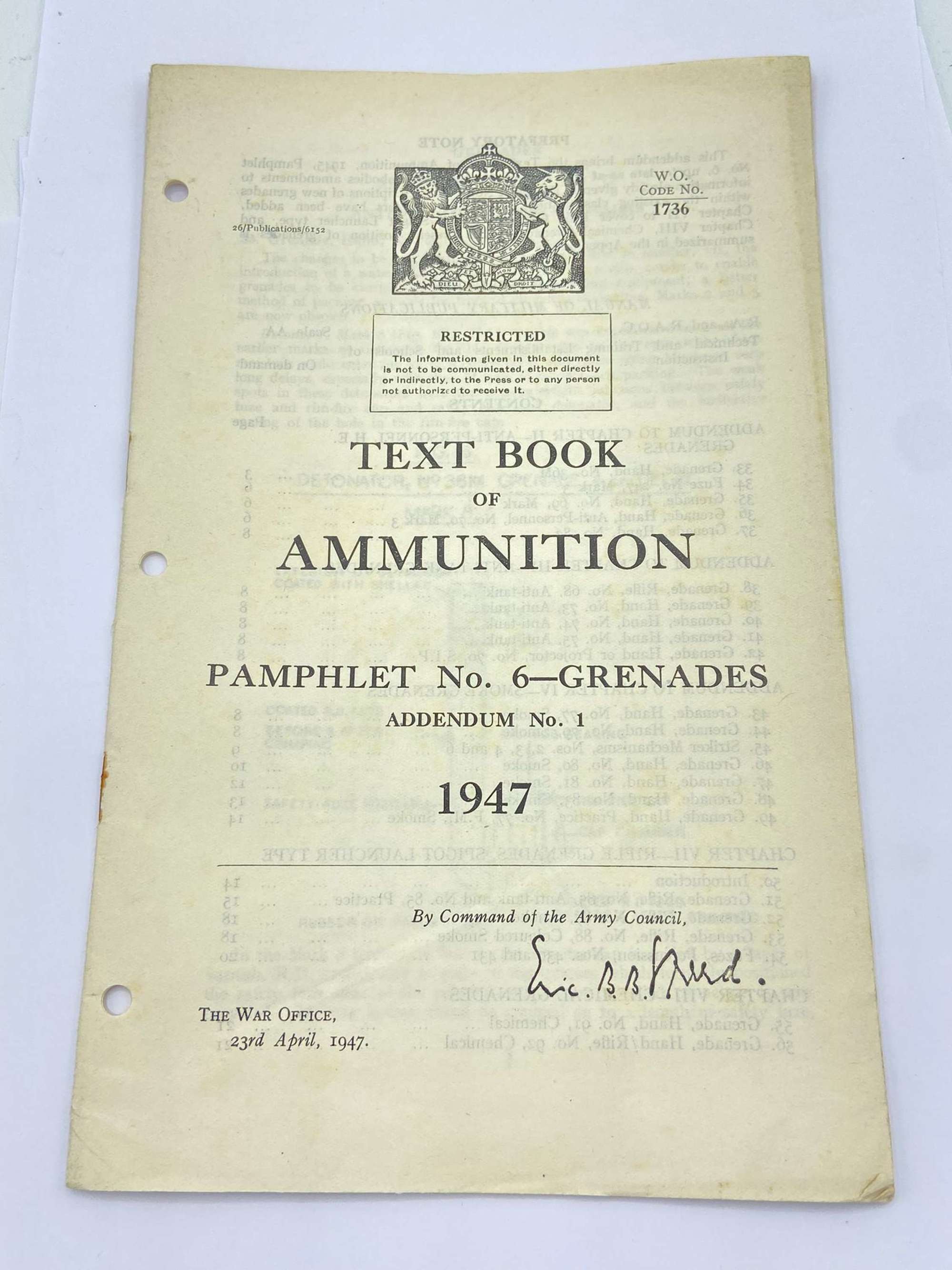 WW2 British Text Book Of Ammunition Pamphlet No6 Grenades Addendum